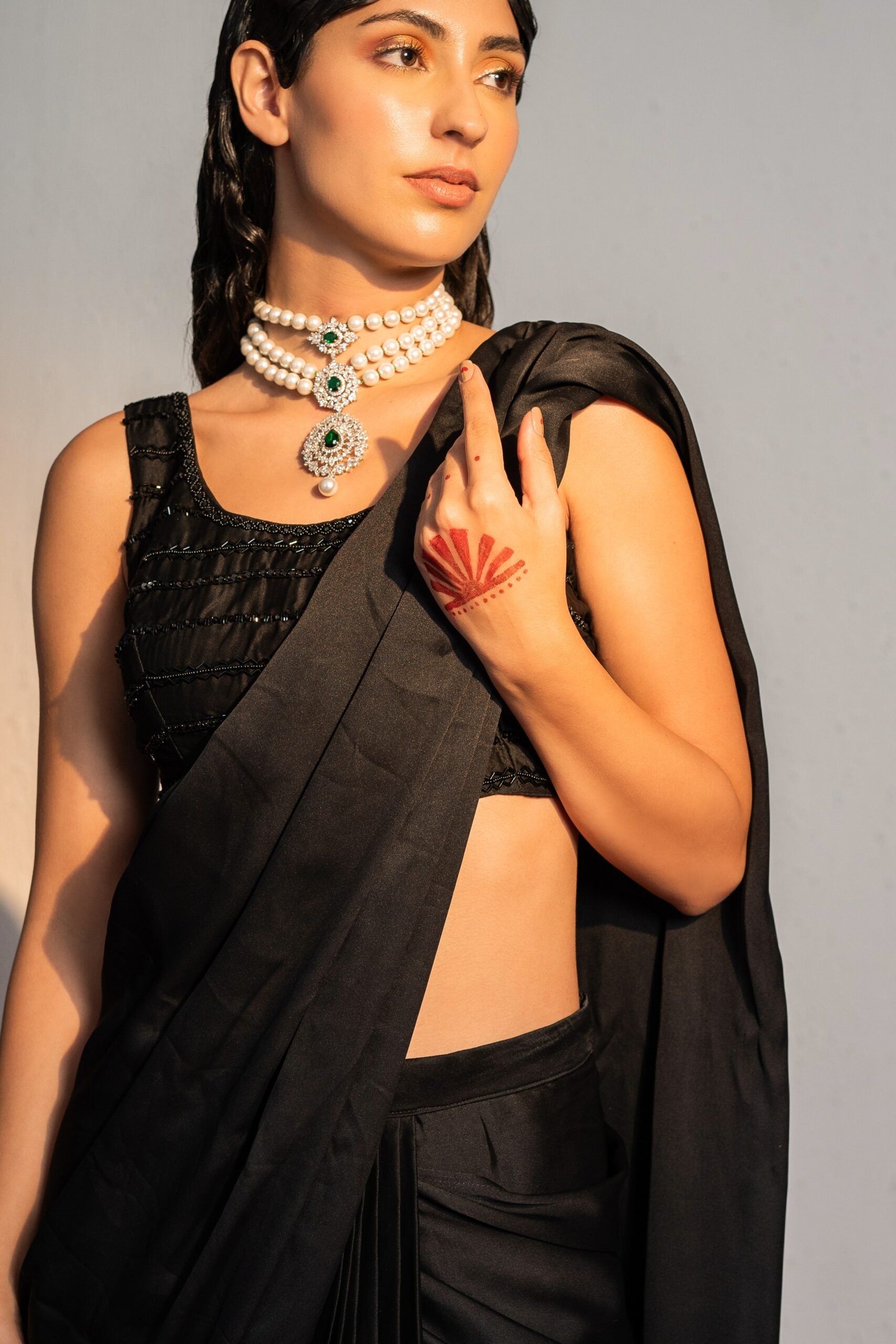 Black Embroidered Drape Saree Set image 2