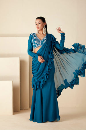Teal Blue Ruffle Pant Saree image 6