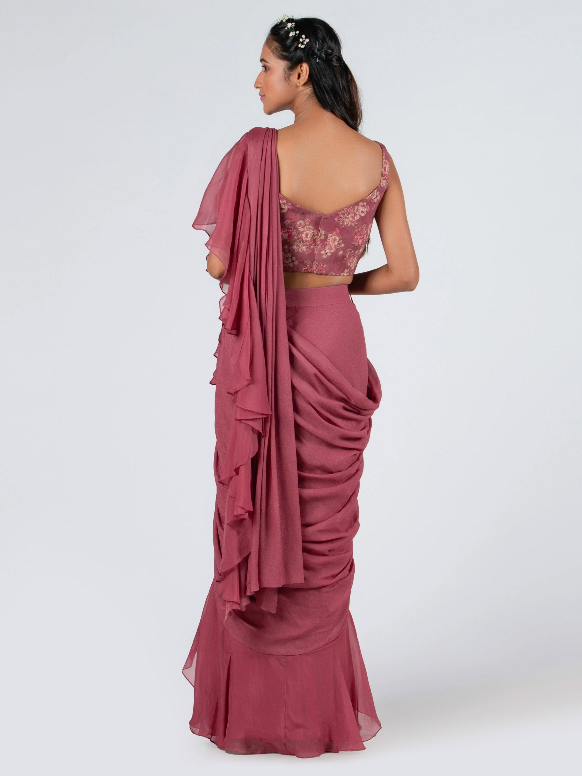 Pre Drape Mauve Ruffle Saree Set image 2