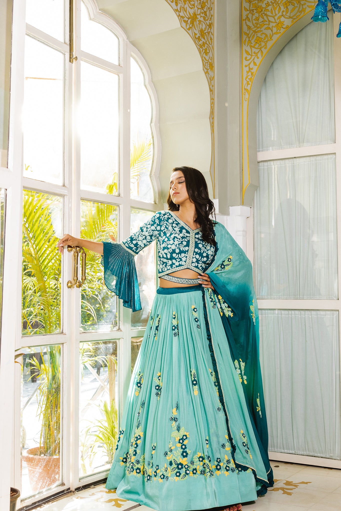 Sea Green Georgette Crepe &amp; Satin Embroidered Lehenga Set image 5