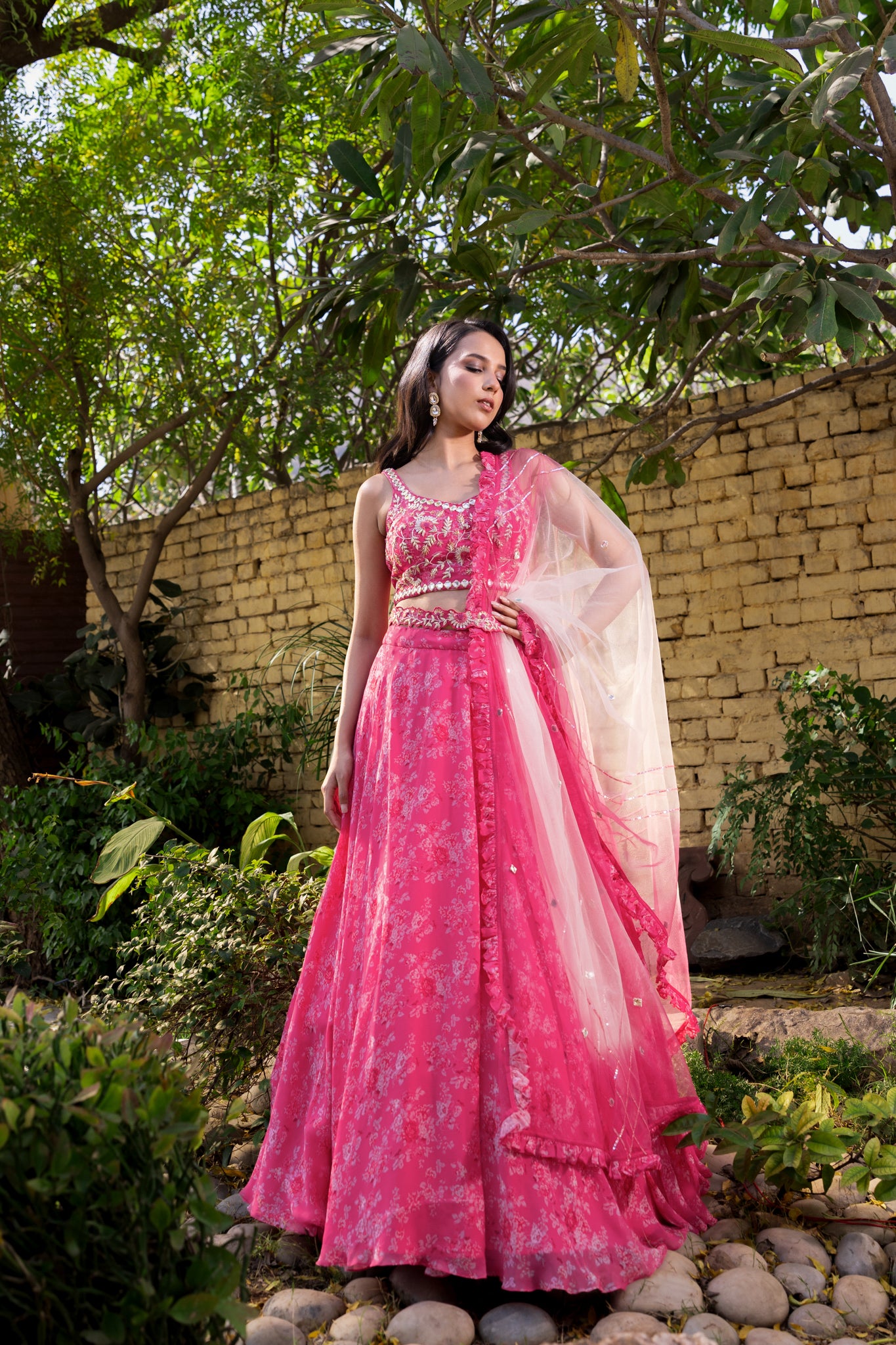 Pink Georgette &amp; Net Printed Lehenga Set image 3