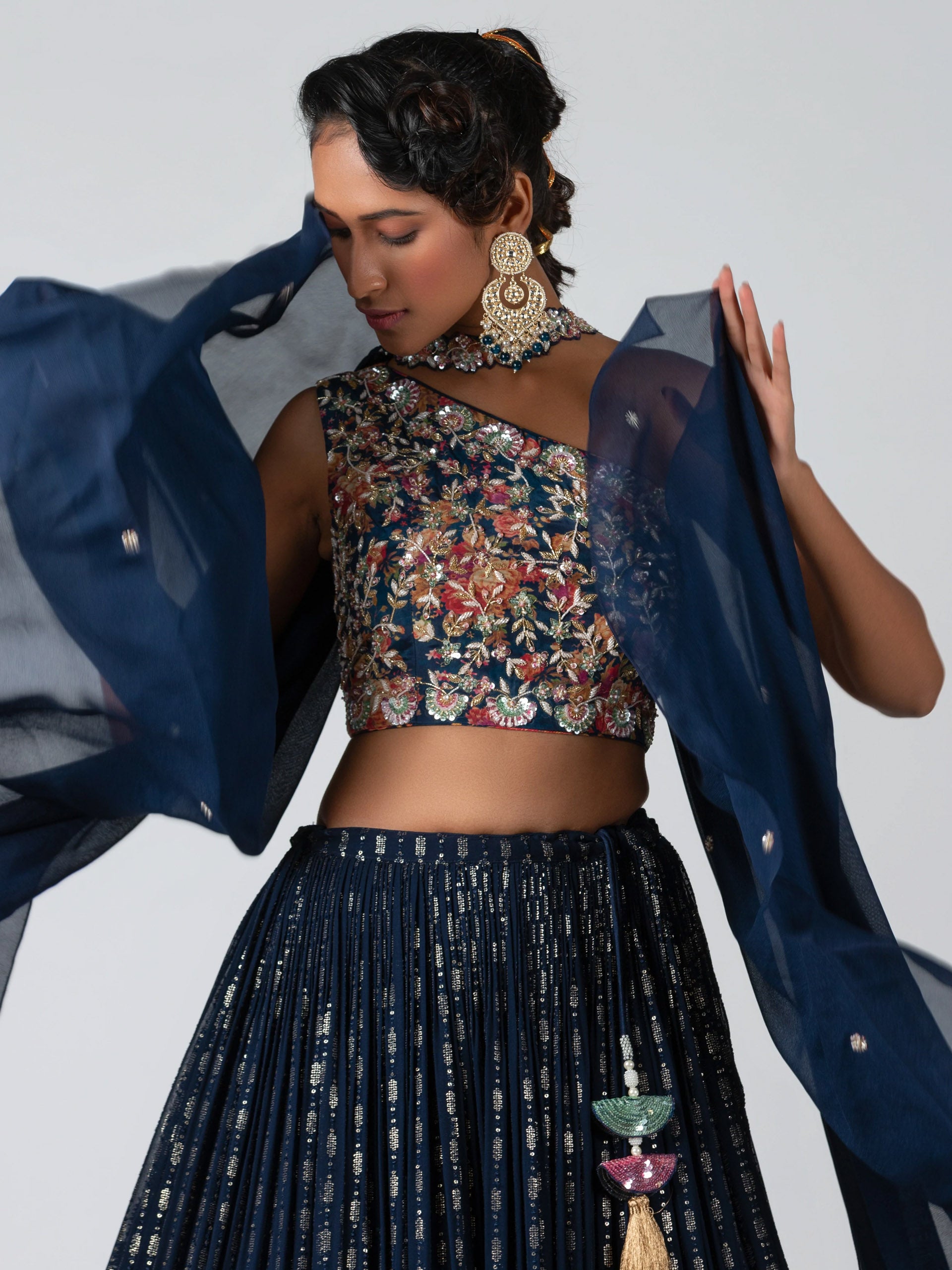 Midnight Blue One Shoulder Lehenga Set image 2