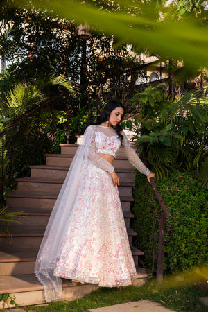 Off-White Net Embroidered Lehenga Set image 6