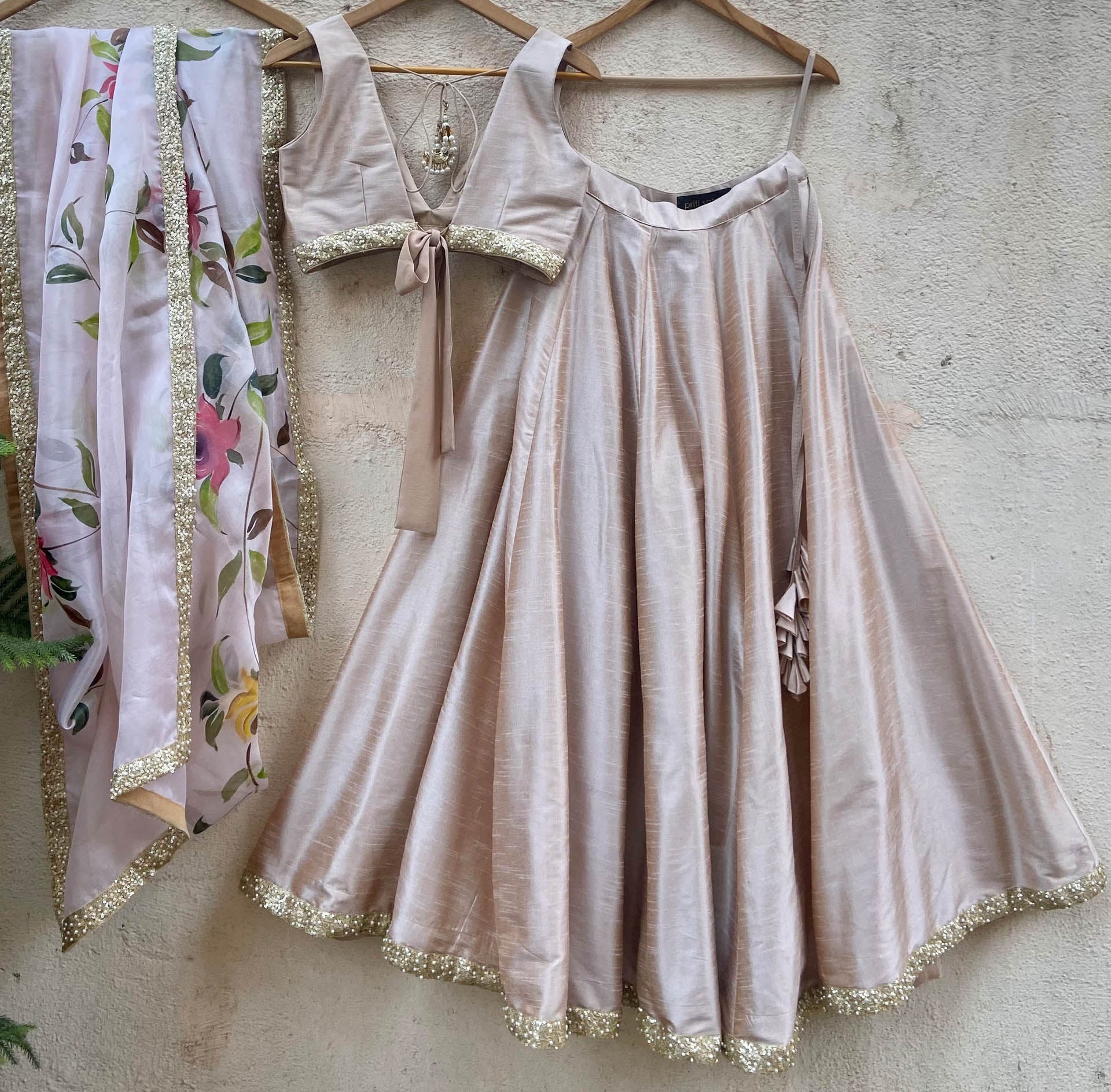 Beige Sequin Lehenga Set image 4