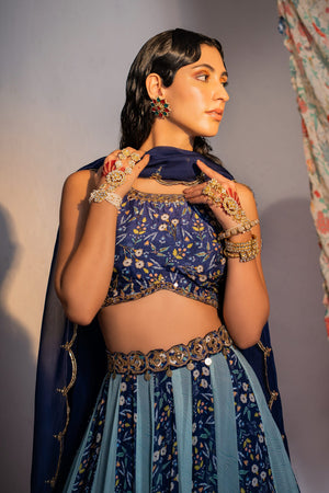 Royal Blue Printed and Embroidered Lehenga Set image 4