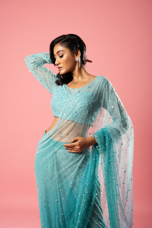 Teal And Powder Blue Embroidered Saree image 4