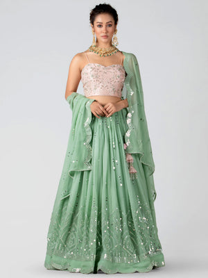 Light Pink and Green Shimmer Lehenga Set - XL image