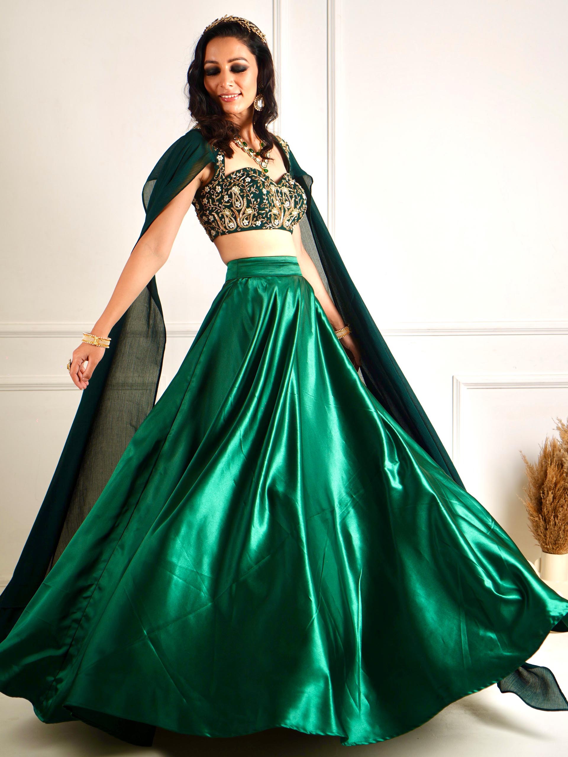 Green Meera Drape Lehenga Set image 9