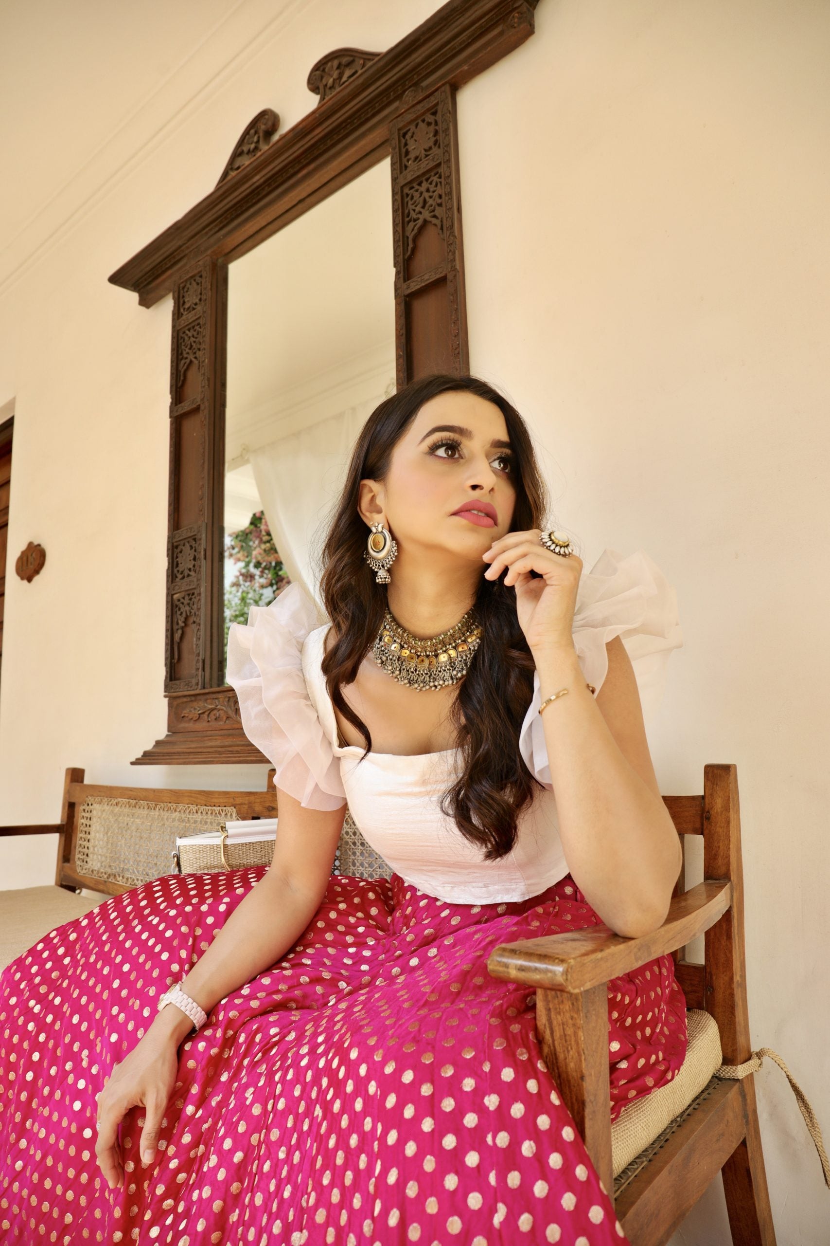 White Organza Ruffle Top and Pink Skirt image 2