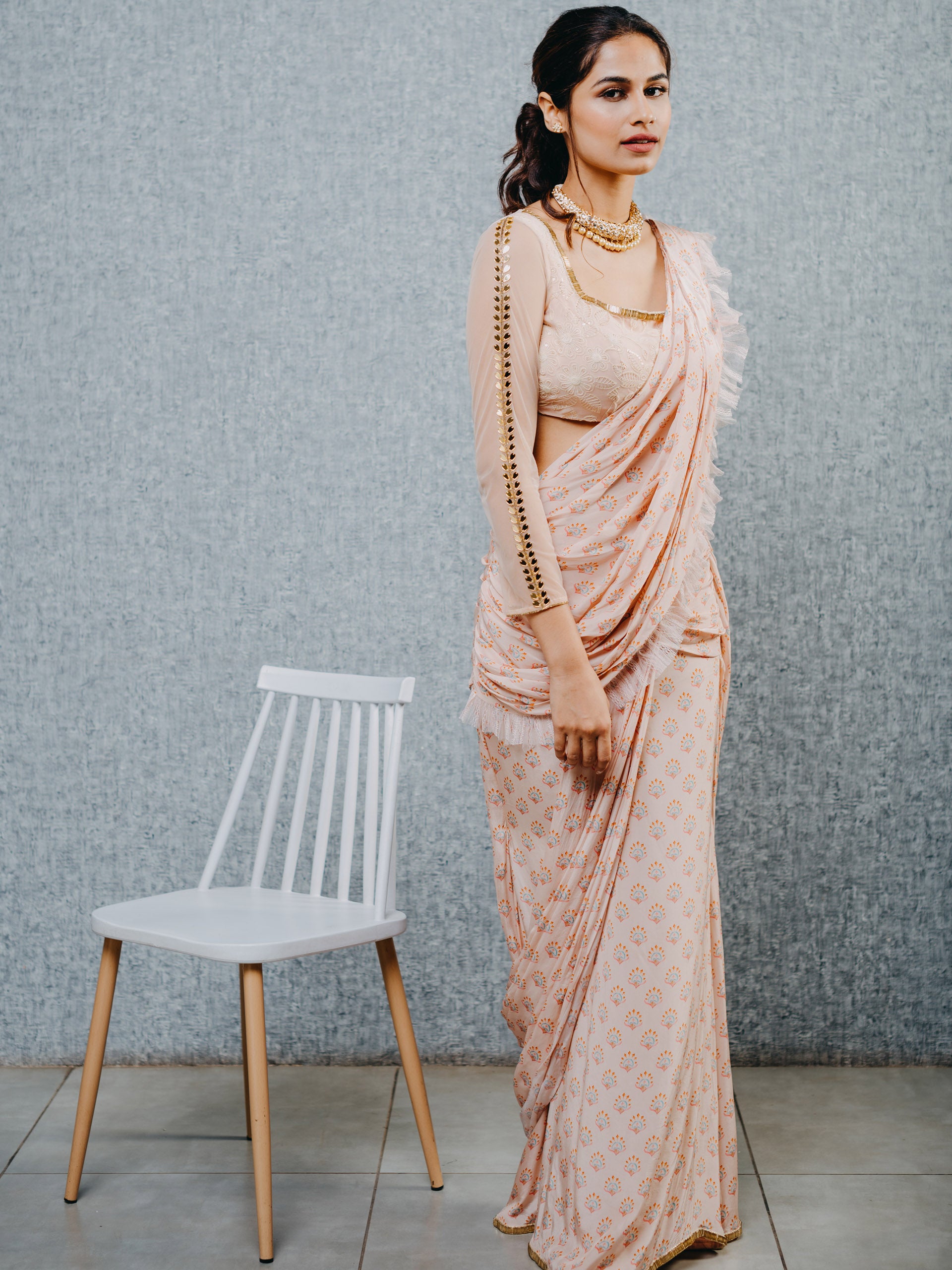 Peach Print Saree Set - M image