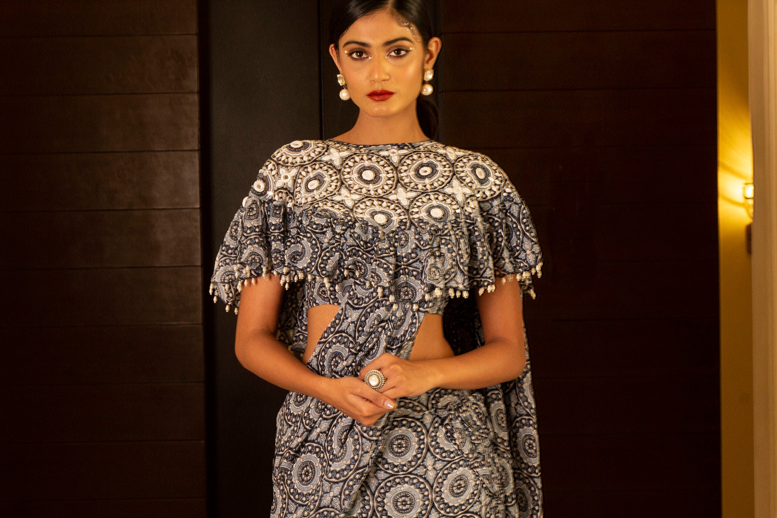 Blue Printed Skirt Saree Set image 1