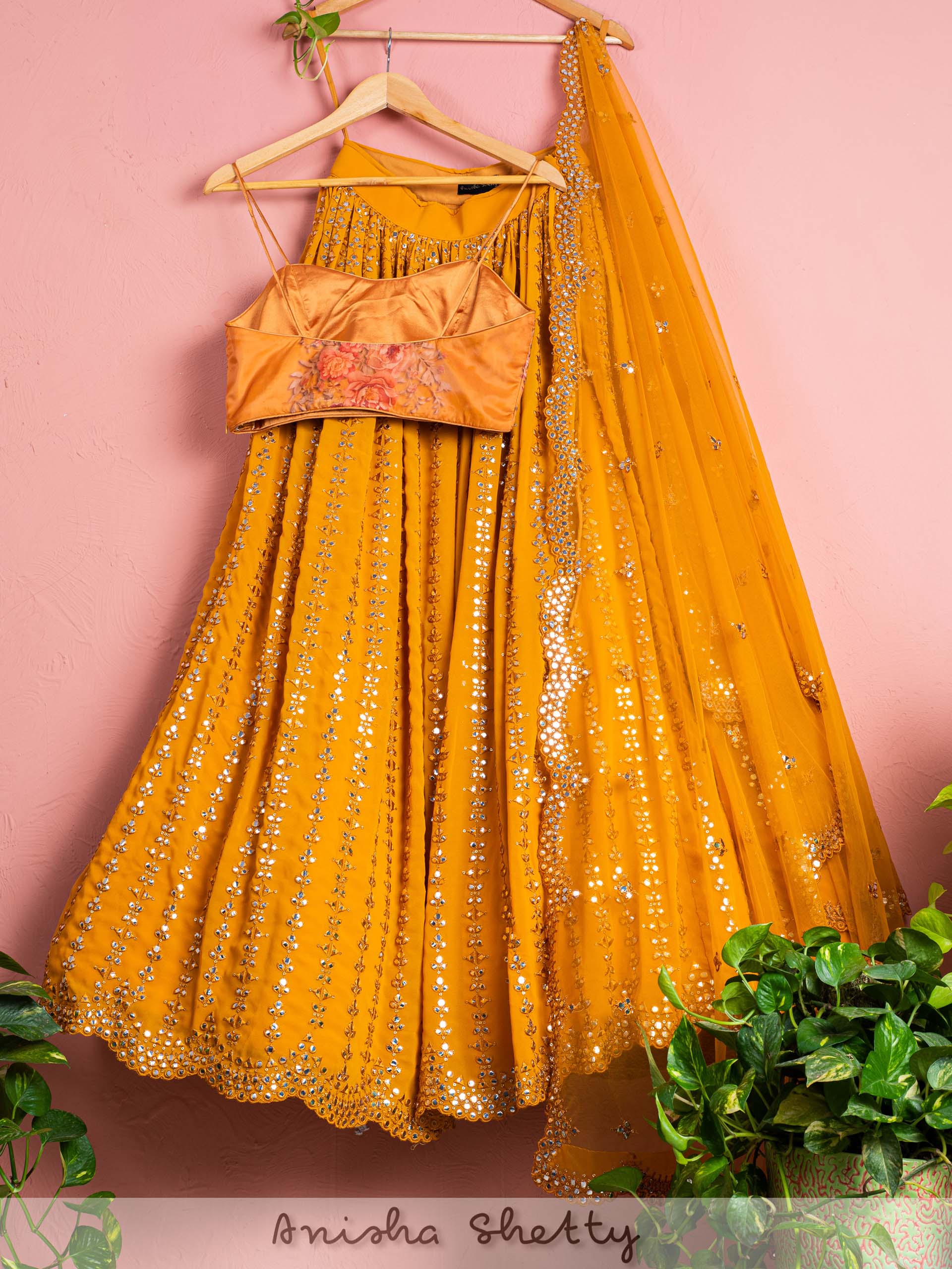 Fire Yellow Lehenga Set With Floral Blouse image 1