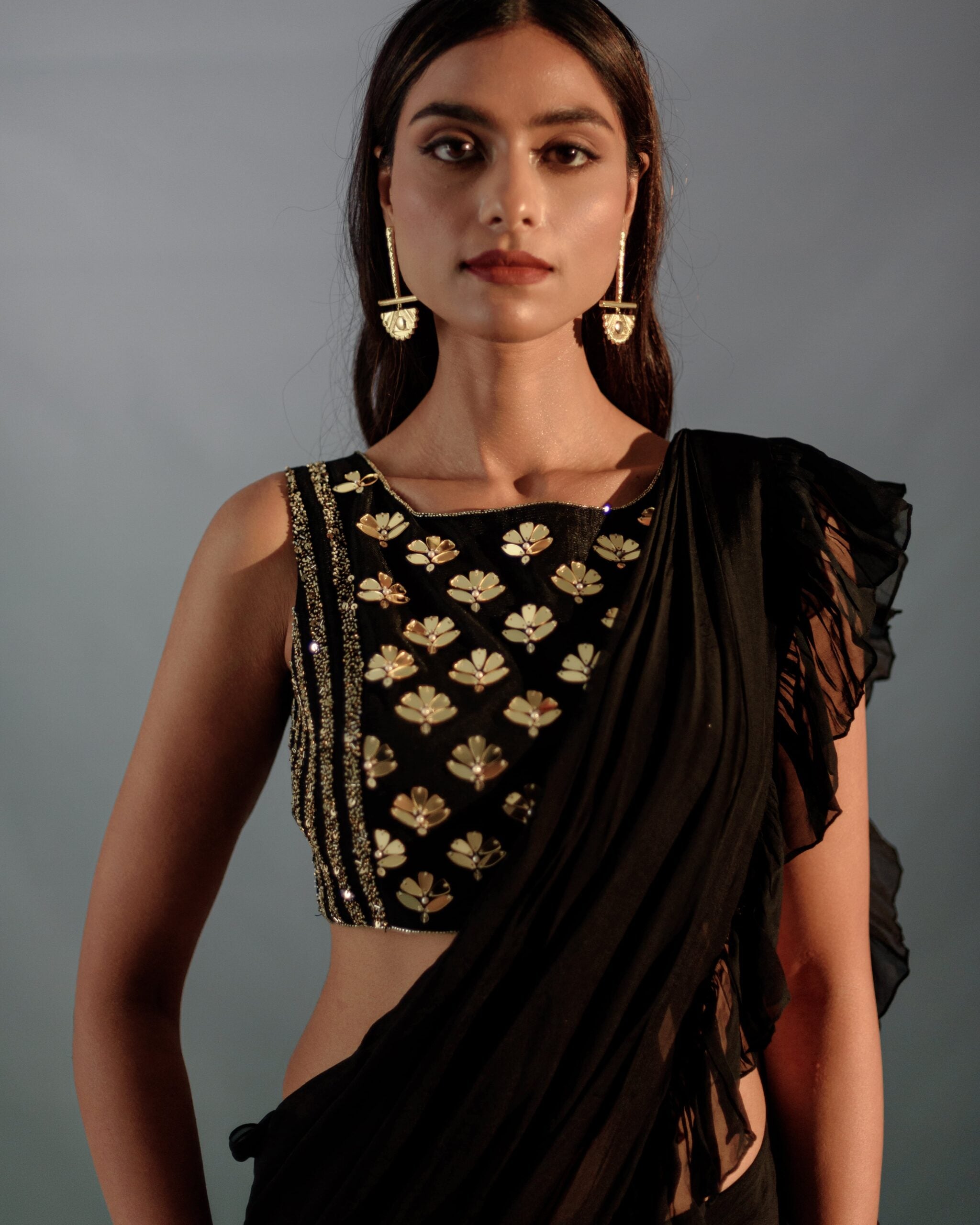 Black Feather Details Saree Set image 2