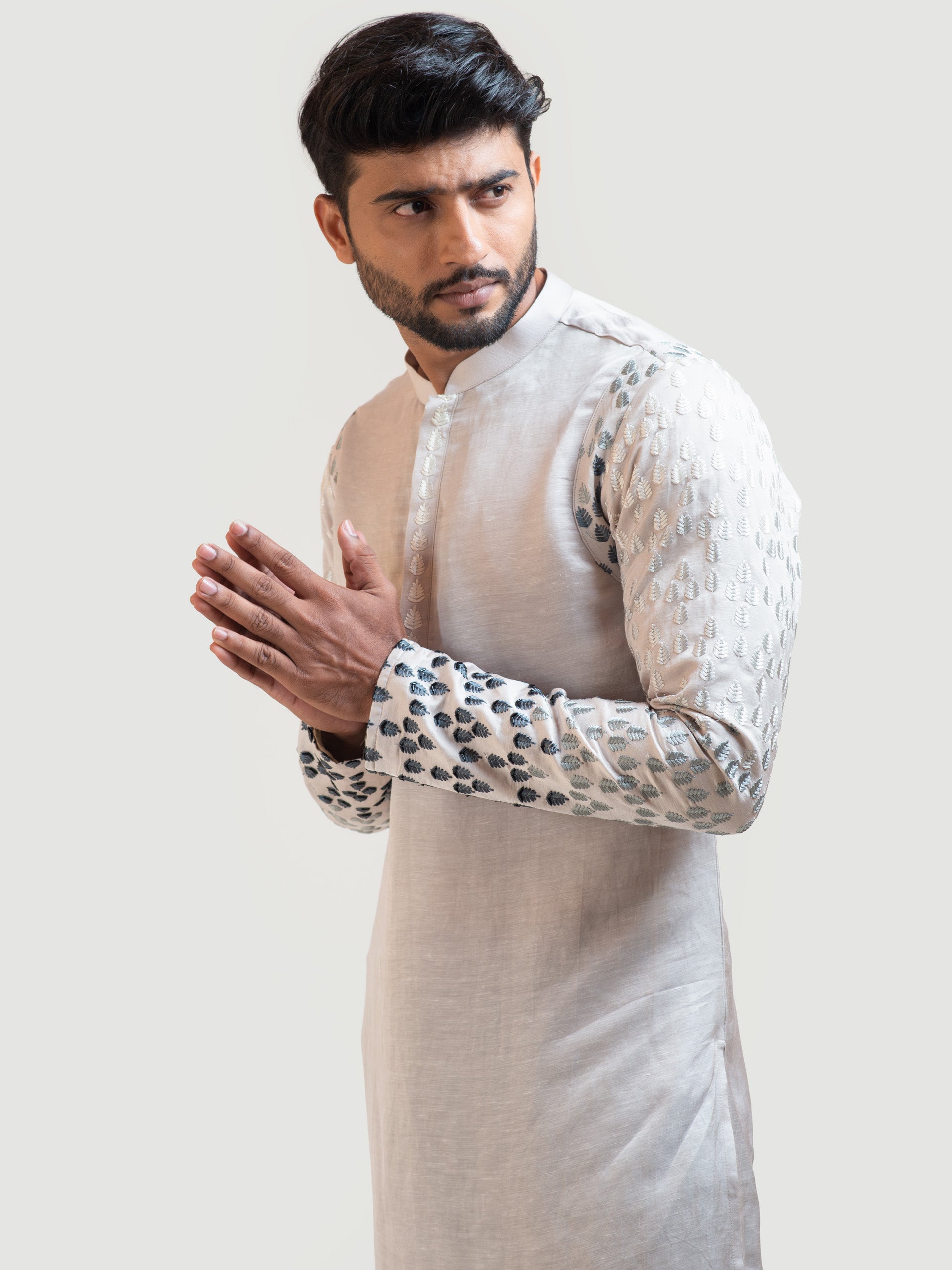 Grey Gradient Leaf Kurta Set image 2