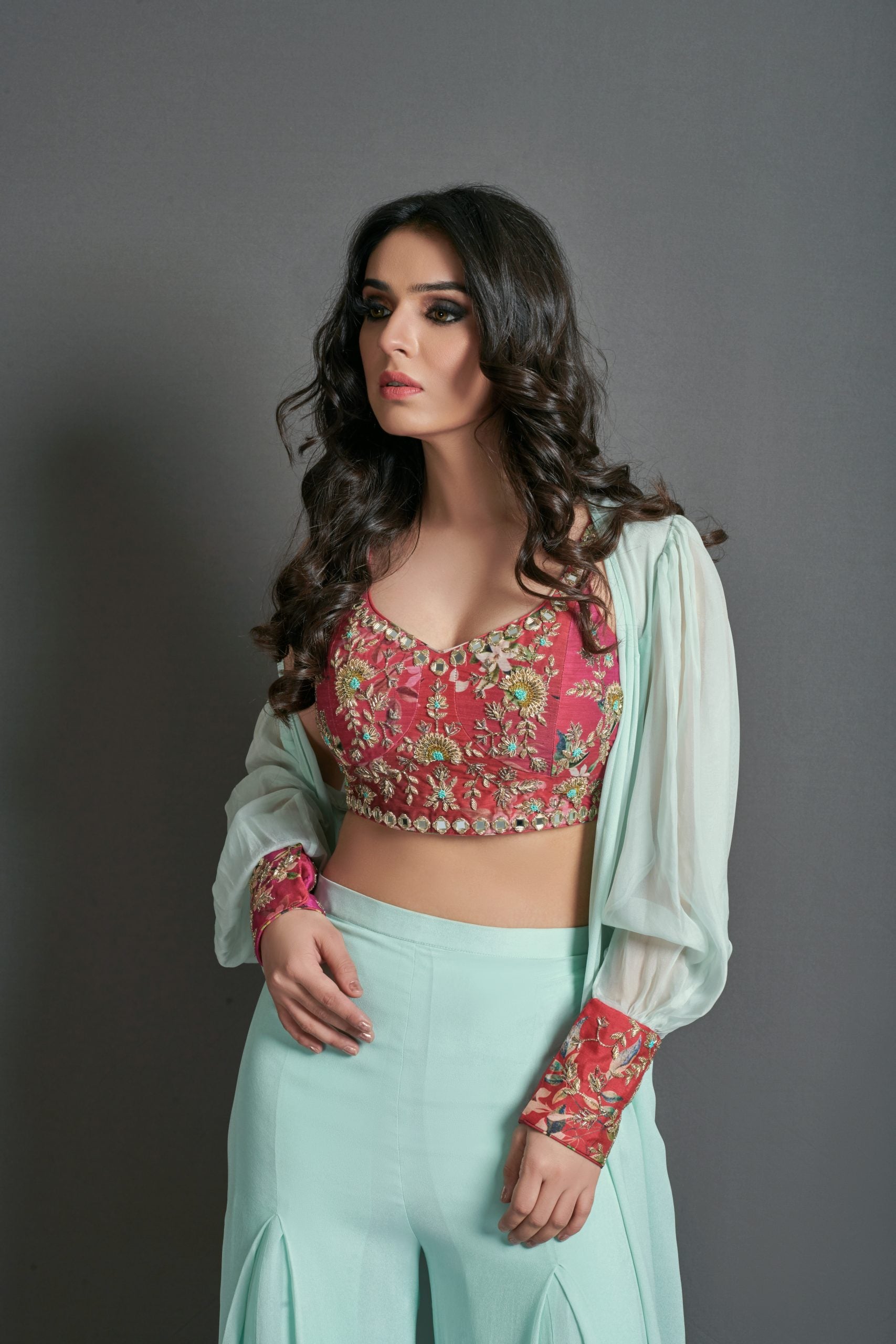 Sea Green and Crimson Red Flare Pant Set image 3