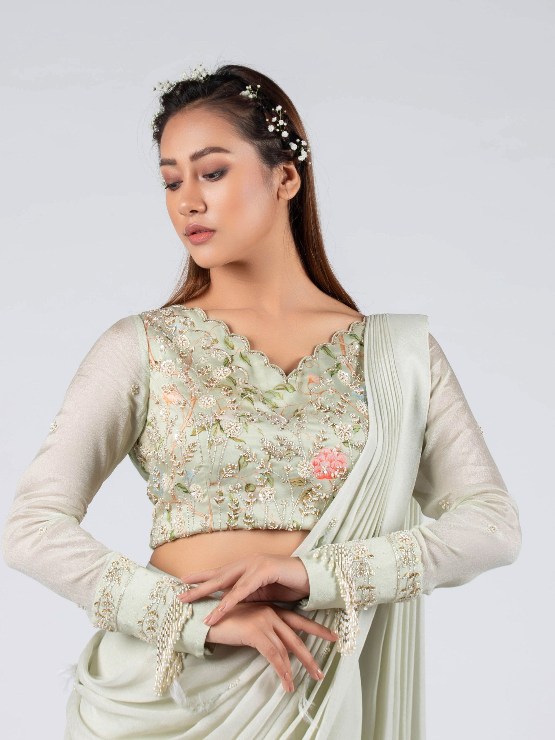 Pre Drape Mint Saree Set image 2