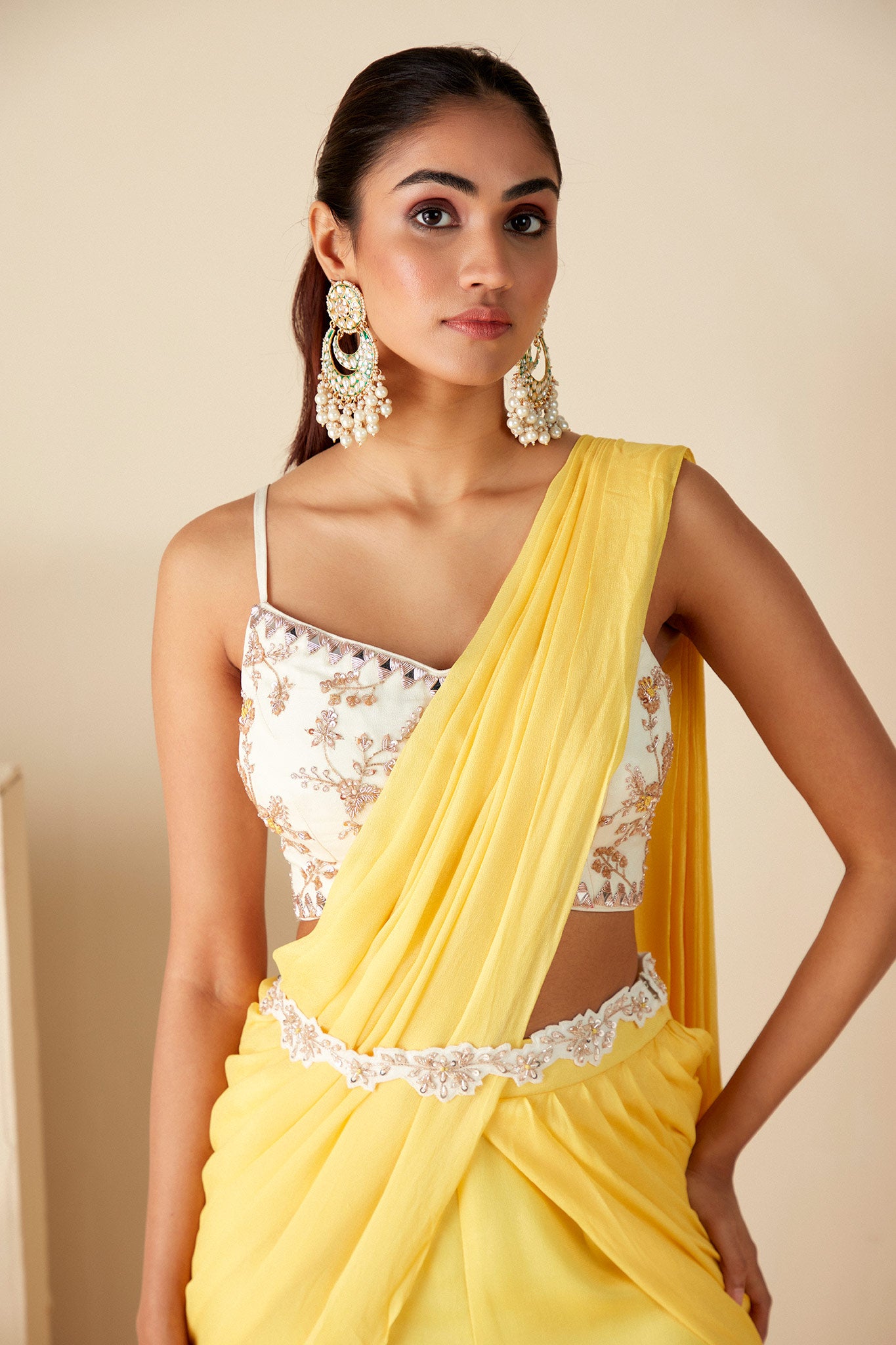 Yellow and White Pre-Drape Sharara Saree image 1
