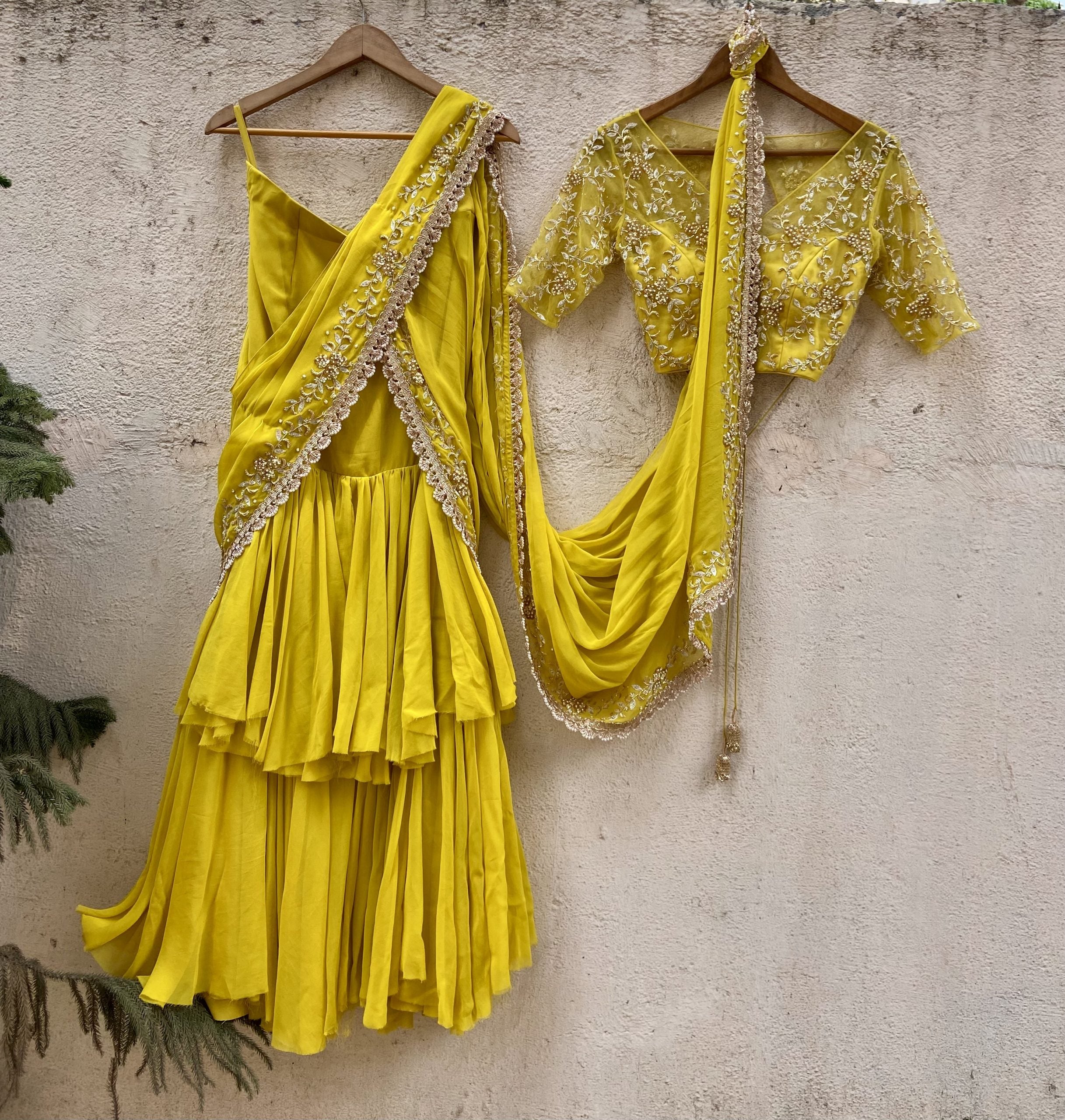 Mustard Ruffled Embroidered Pre-stitched Saree - L image