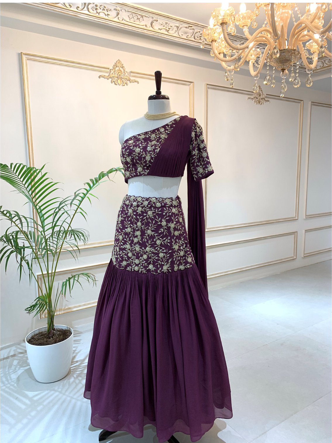 Wine One Shoulder Lehenga Set - Custom image
