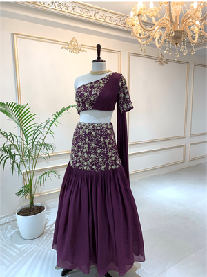 Wine One Shoulder Lehenga Set - Custom image