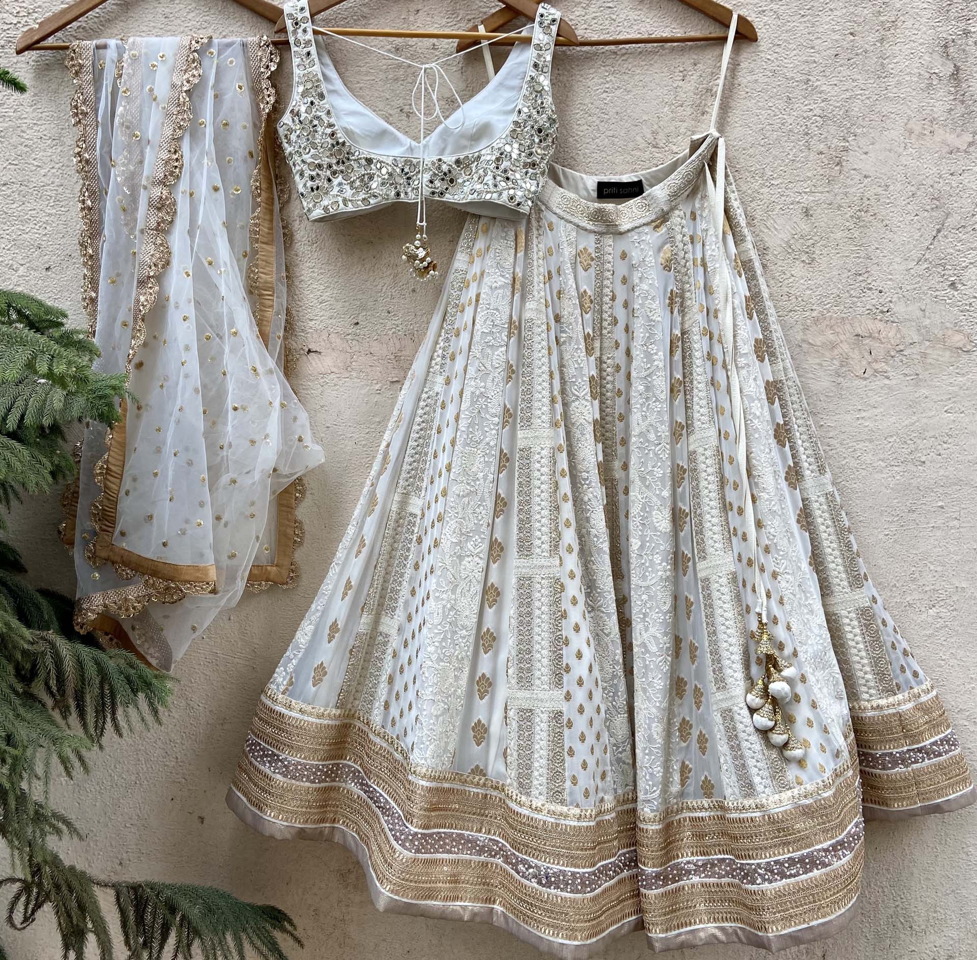 Ivory Multipanel Embroidered Lehenga Set With Mirror Blouse image 1