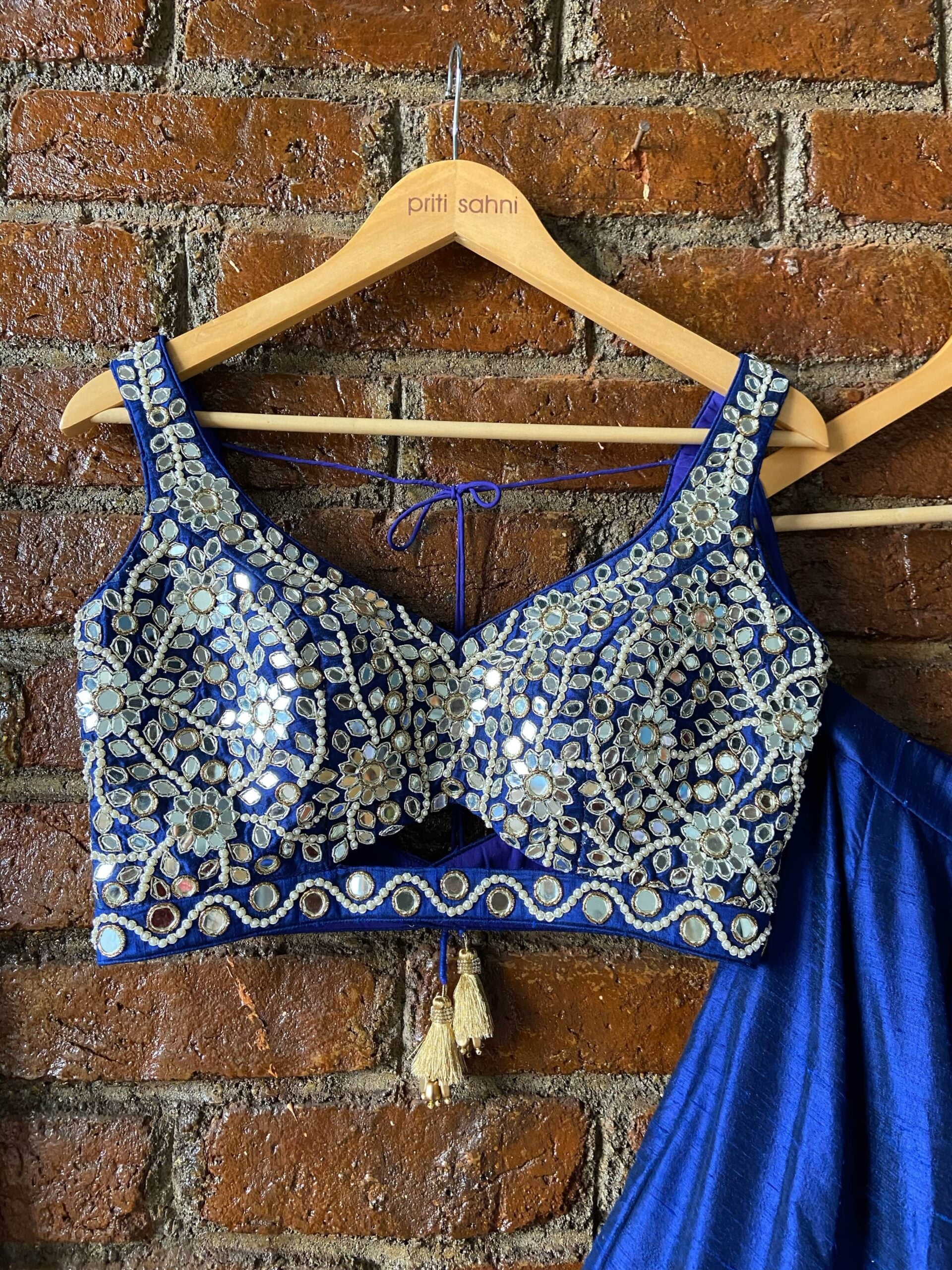 Royal Blue Raw Silk Mirror Work Lehenga Set image 6