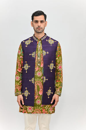 Olive Kurta Paired With Embroidered Half Jacket Pant Set image 2