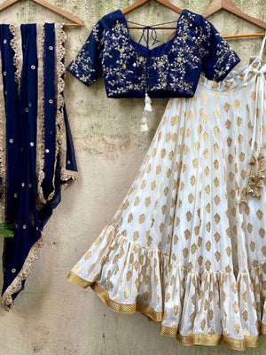Navy Blue and Ivory Zari Lehenga Set image 2