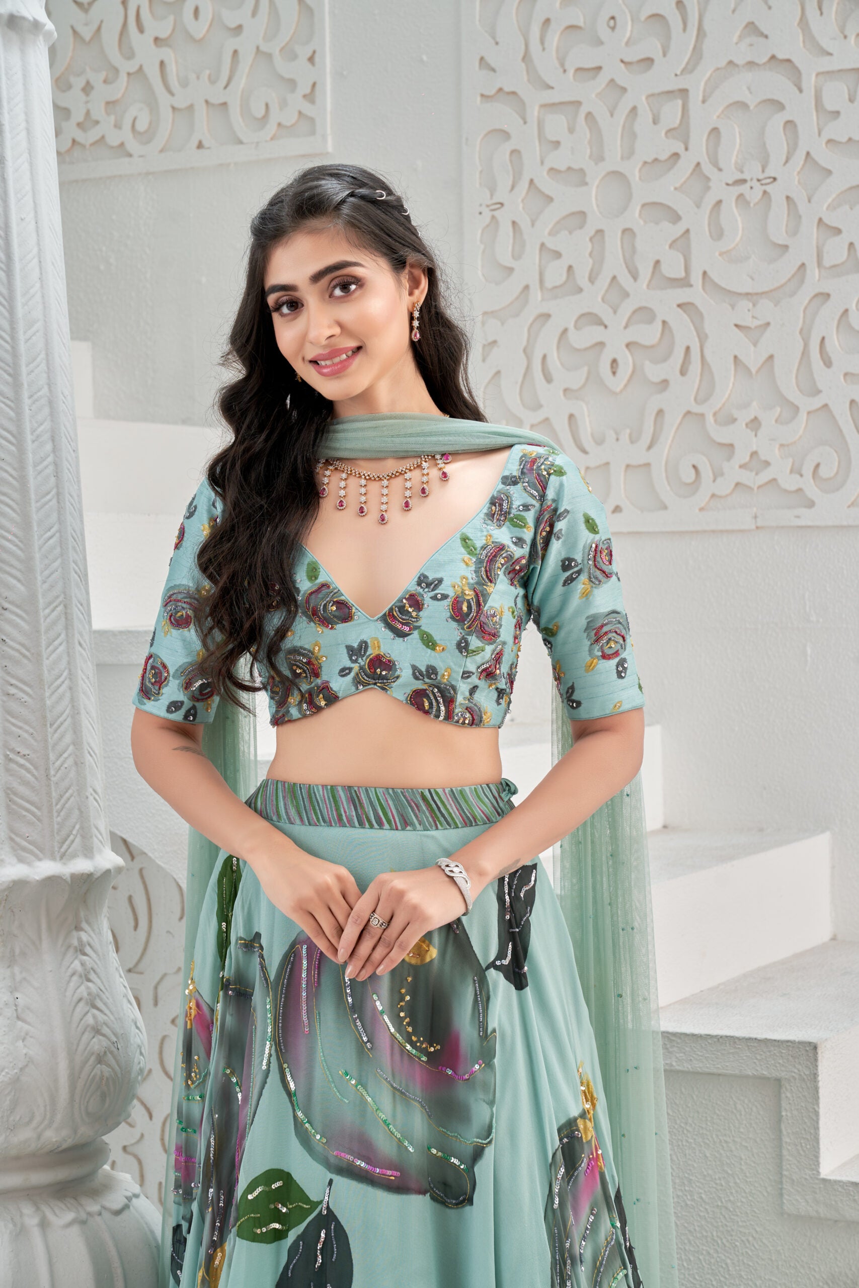 Dusty Blue hand painted lehenga set image 1