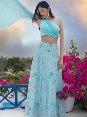 Blue Floral Multi Sequins Lehenga With Light Blue Drape Blouse - L image
