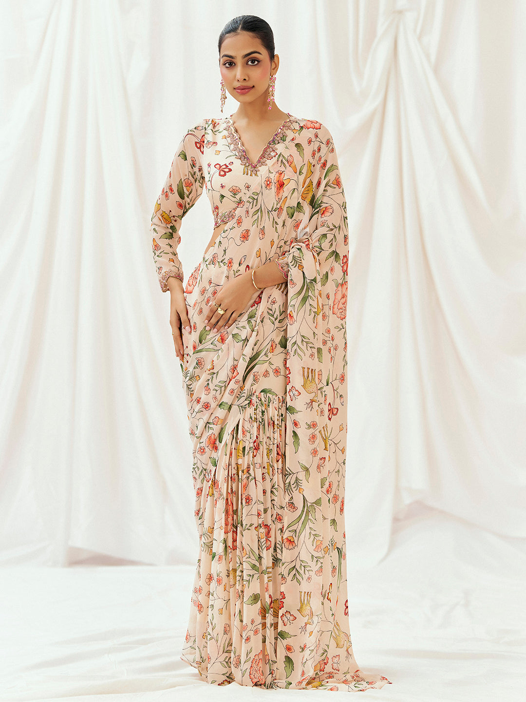 Floral White Printed Embroidered Drape Saree  Set - S image