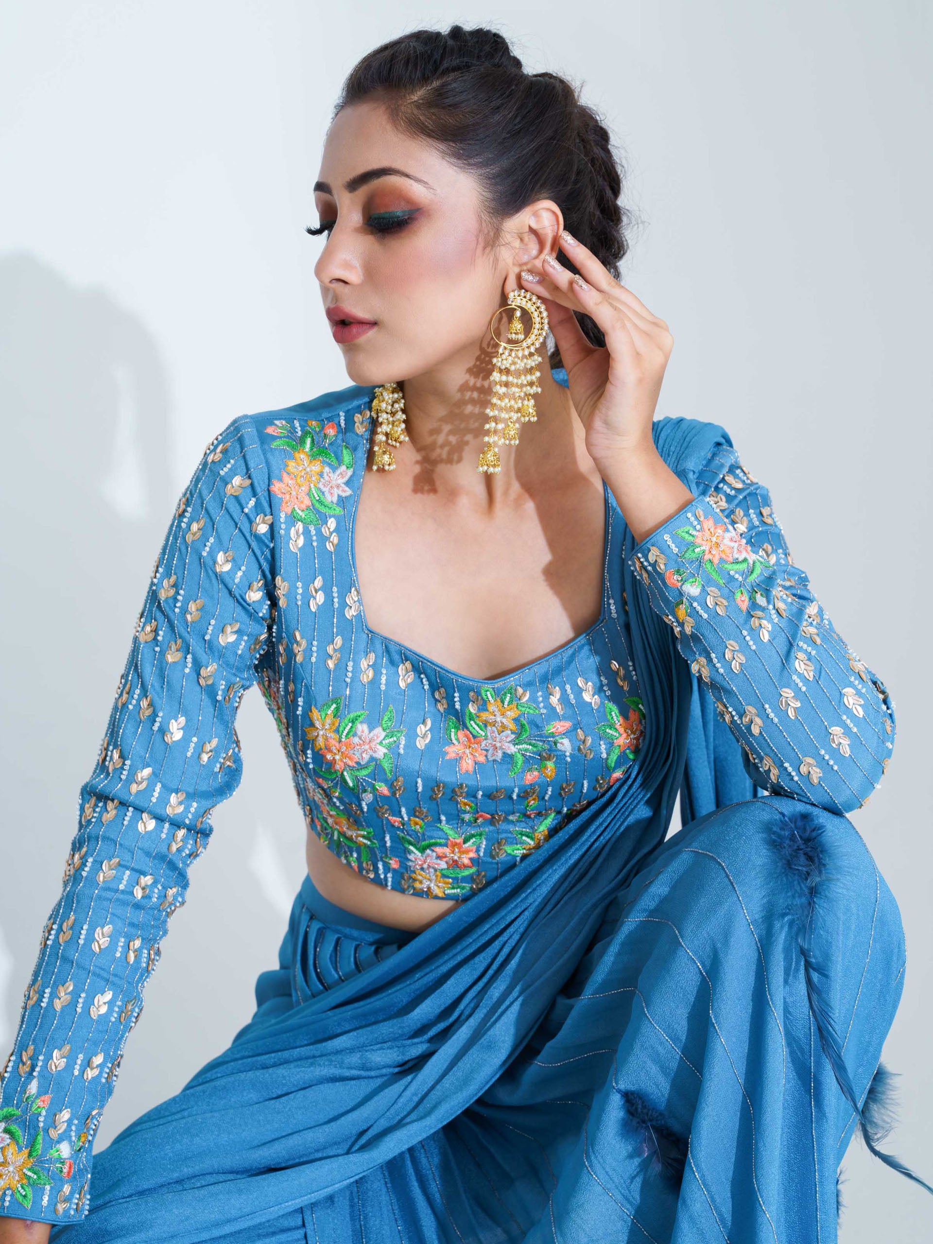 Blue Embroidered Pant Saree Set image 2