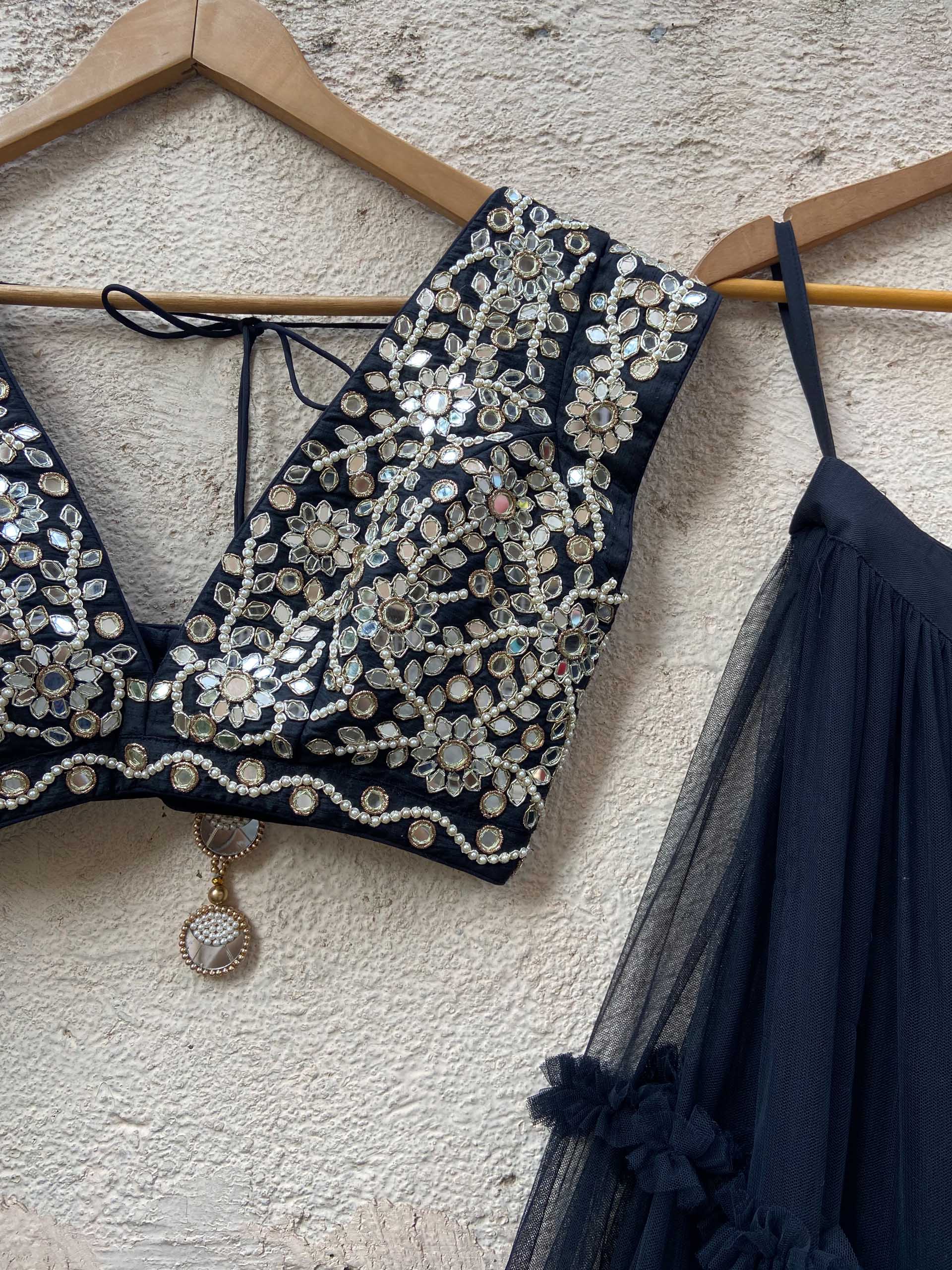 Black Tulle Tier Ruffle Lehenga Set with Black Blouse image 1