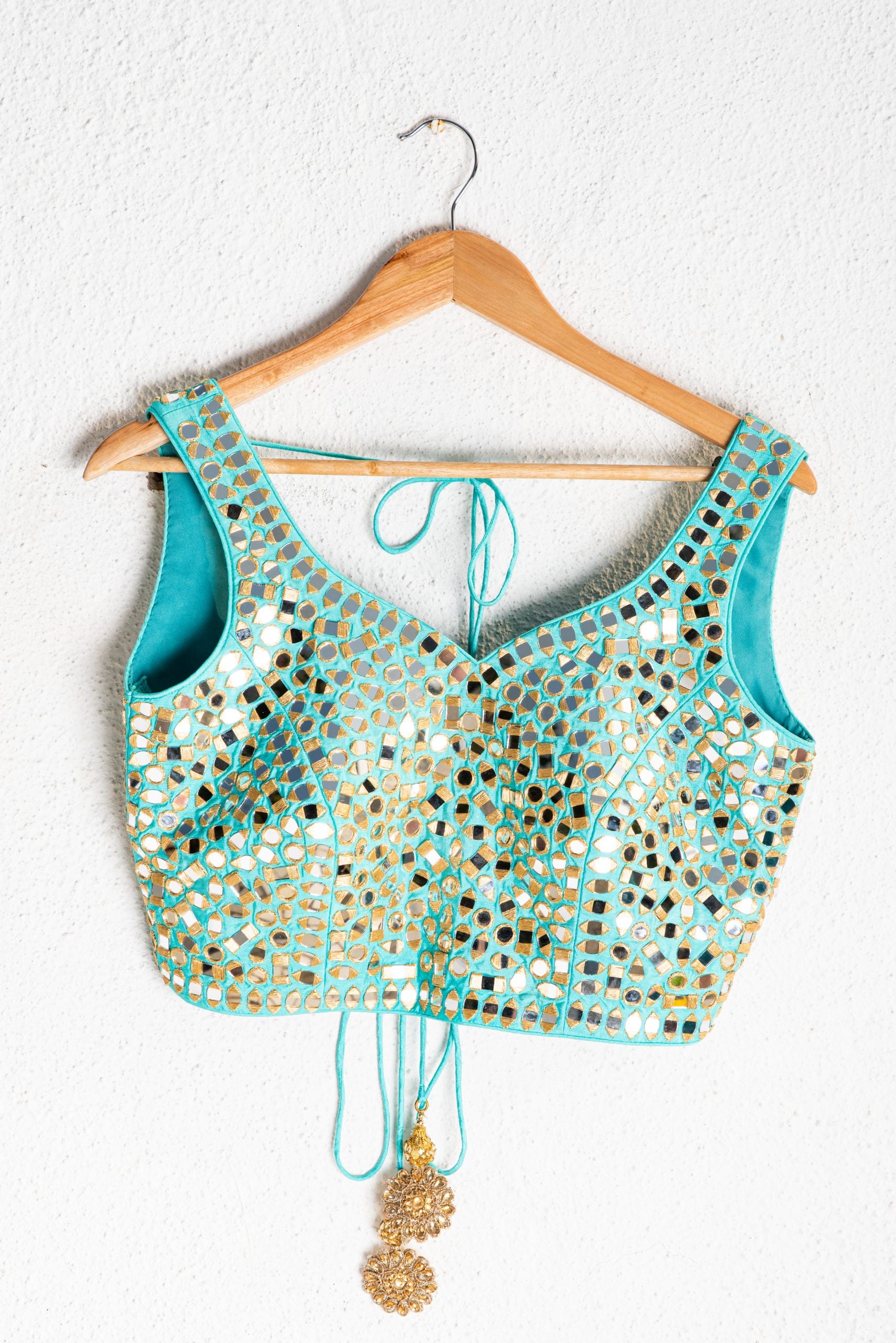 Turquoise Blue Mirrorwork Blouse - S image