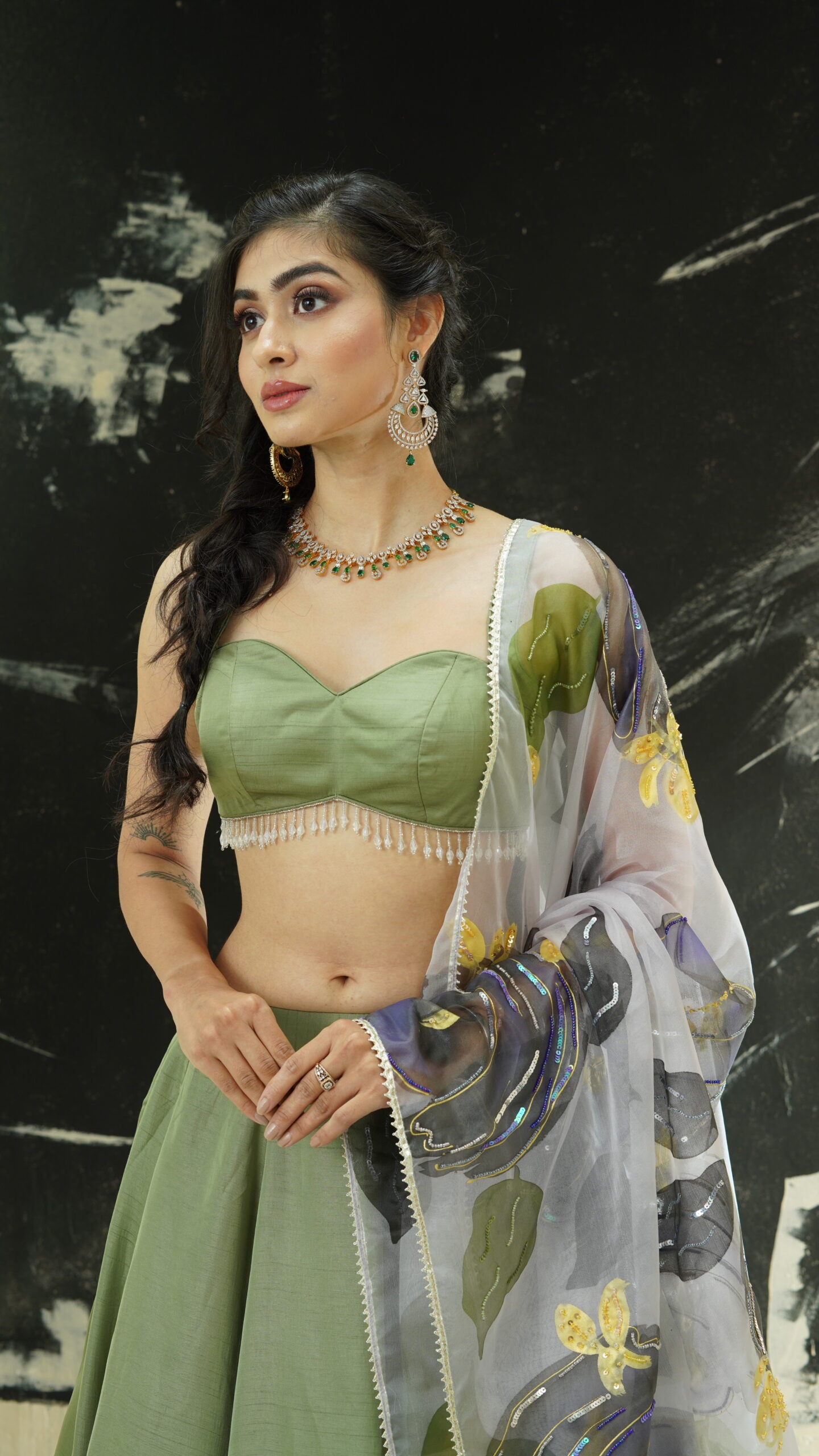 Sage Green lehenga set with hand painted  dupatta image 1