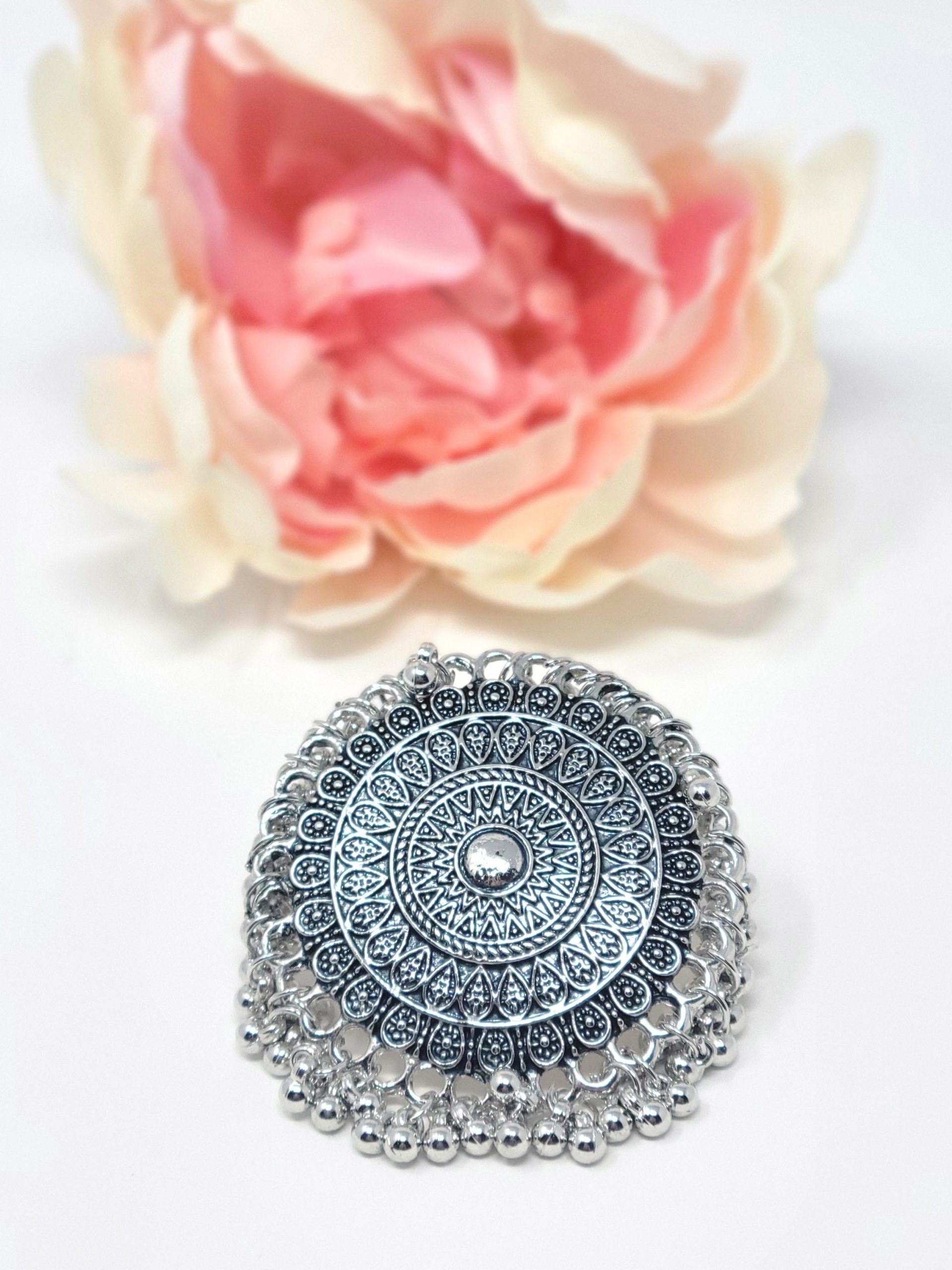 Oxidized Circle Print Ring with Ghungroo image 0