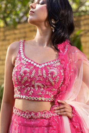 Pink Georgette &amp; Net Printed Lehenga Set image 2