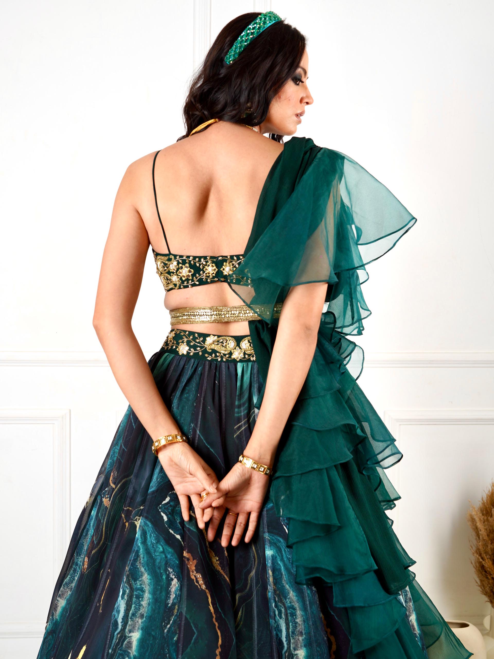 Green Meesha Marble Lehenga Set image 8
