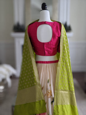Ivory Floral Lehenga with Fuchsia Blouse image 3