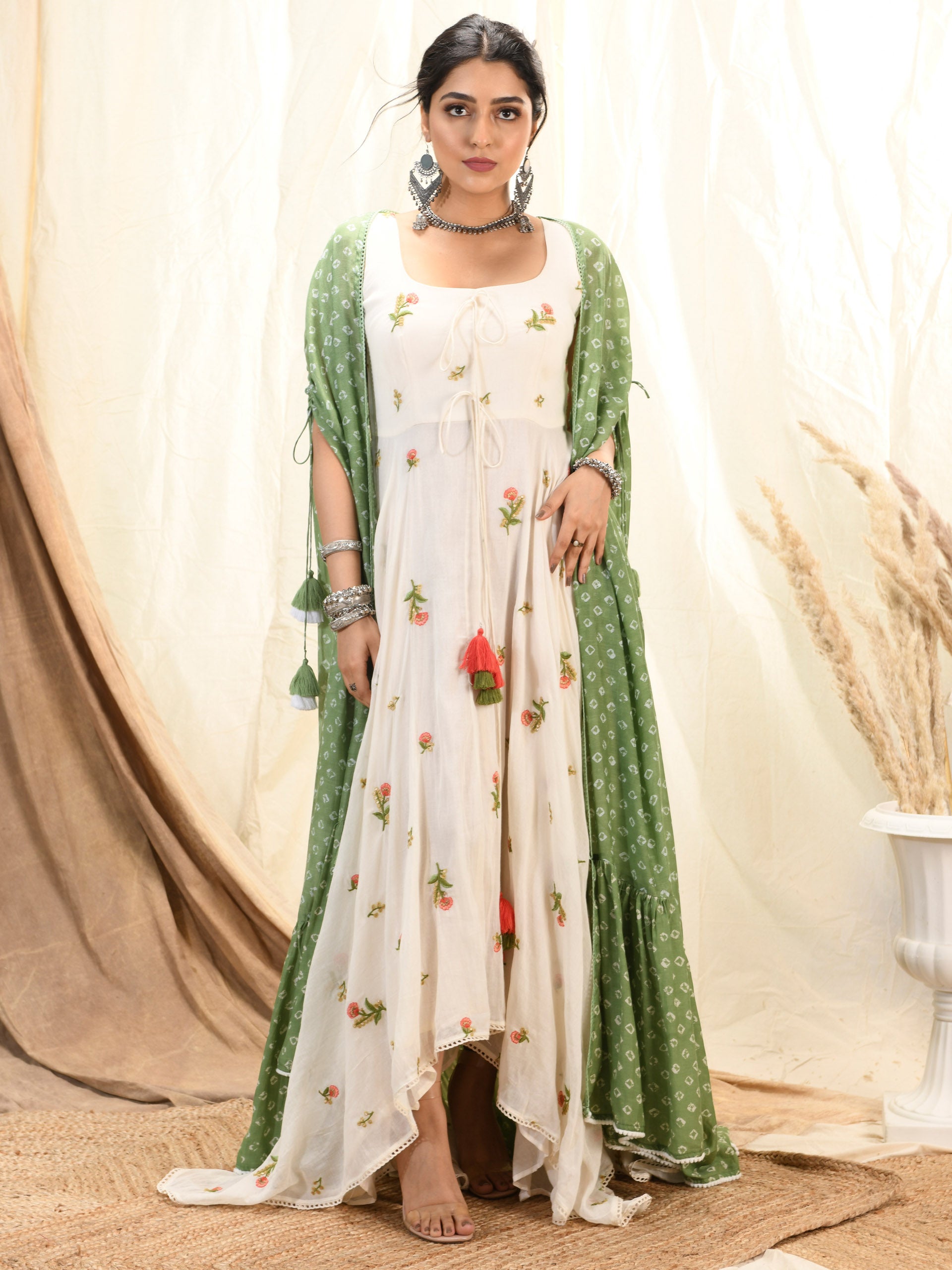 Olive Bandhni Kurta and Cape Set image 0