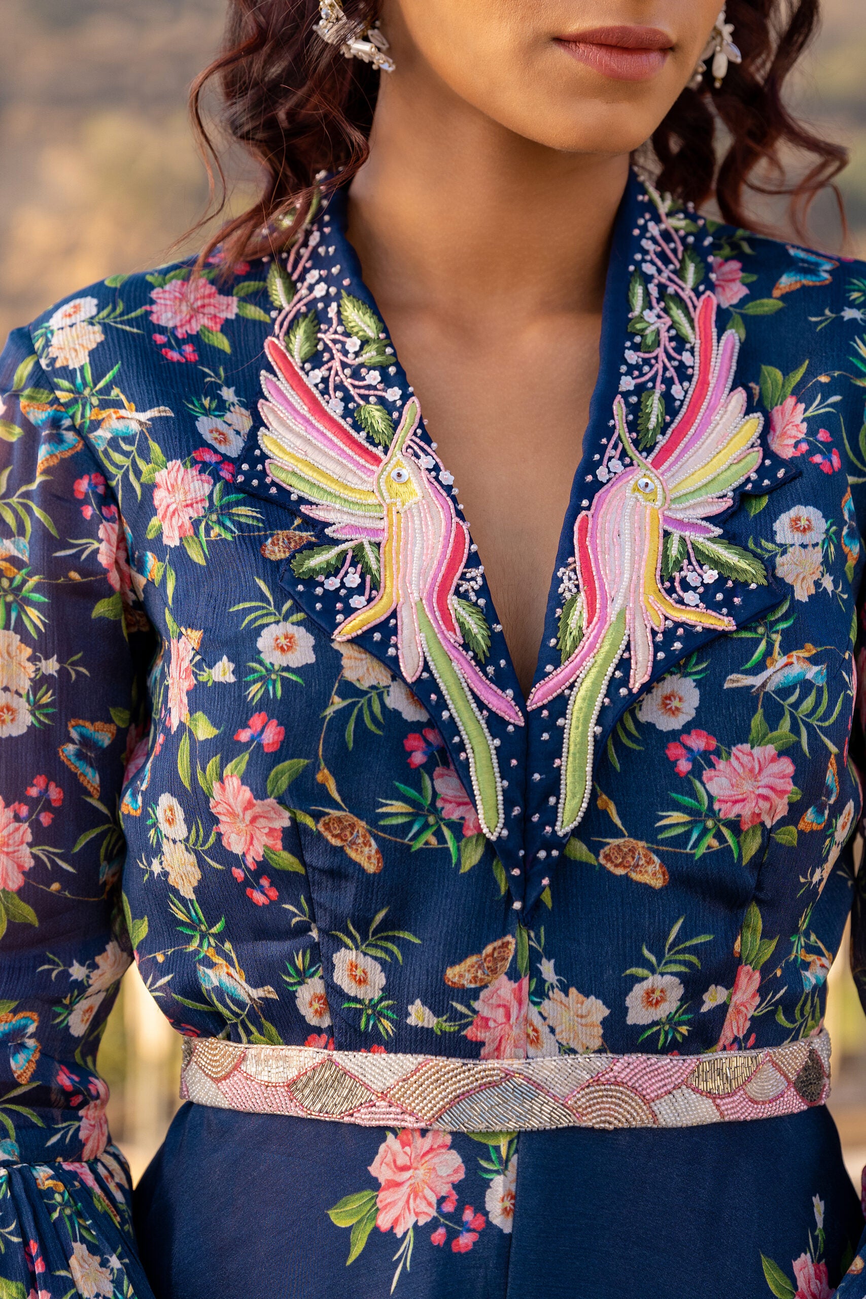 Blue Georgette Crepe Embroidered Jumpsuit With Belt image 2