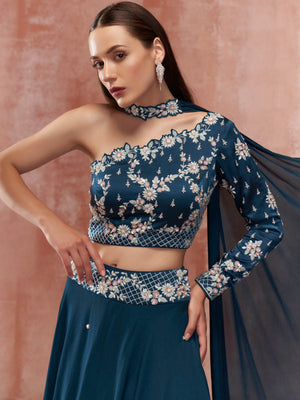 Teal Blue One Shoulder Lehenga Set image 1