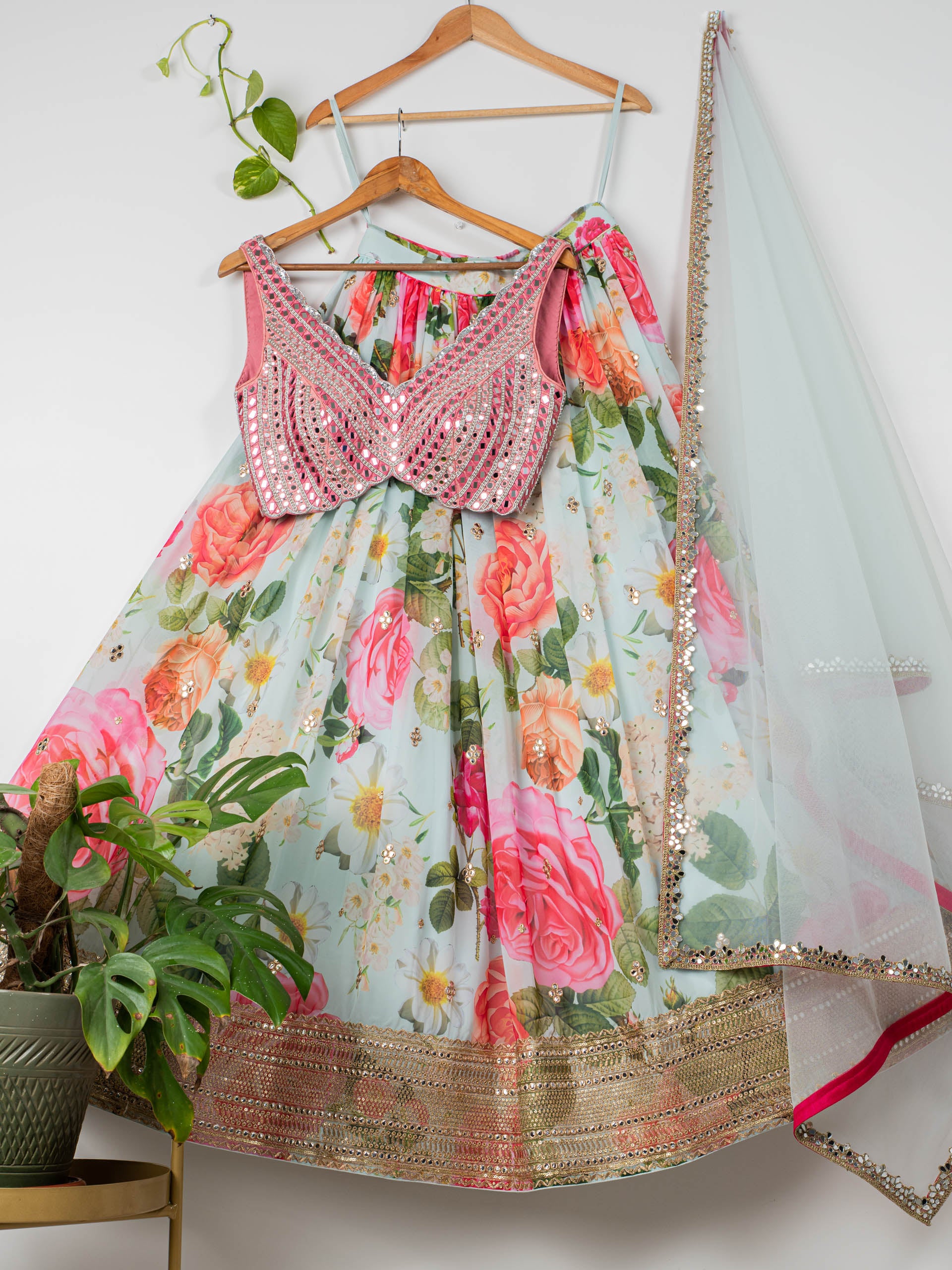 Aqua Floral Mirror Lehenga Set with Watermelon Pink Blouse image 0