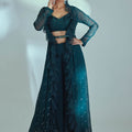 Green Mirror Flared Pant Set with Ruffle Jacket image 0