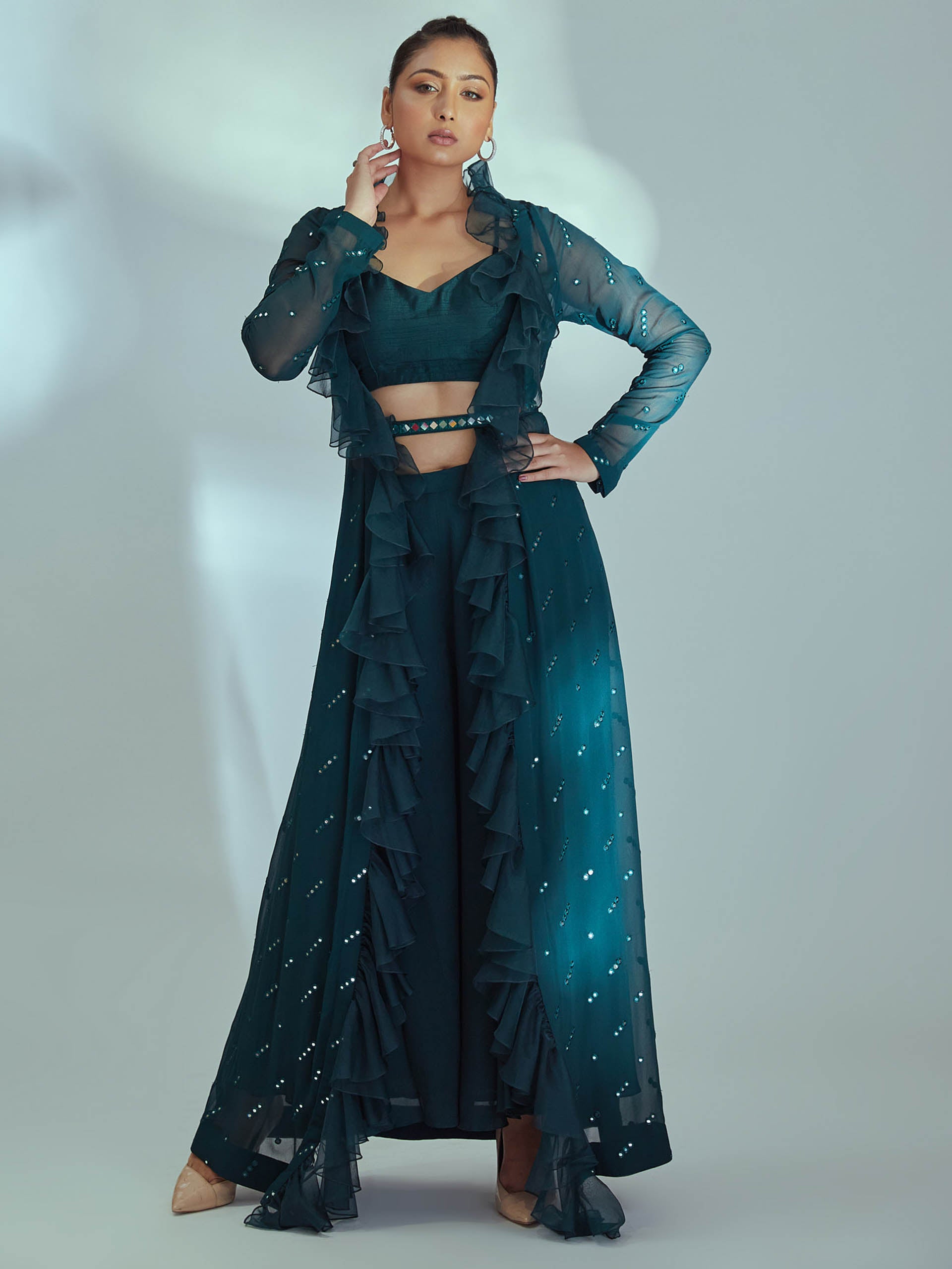Green Mirror Flared Pant Set with Ruffle Jacket image 0