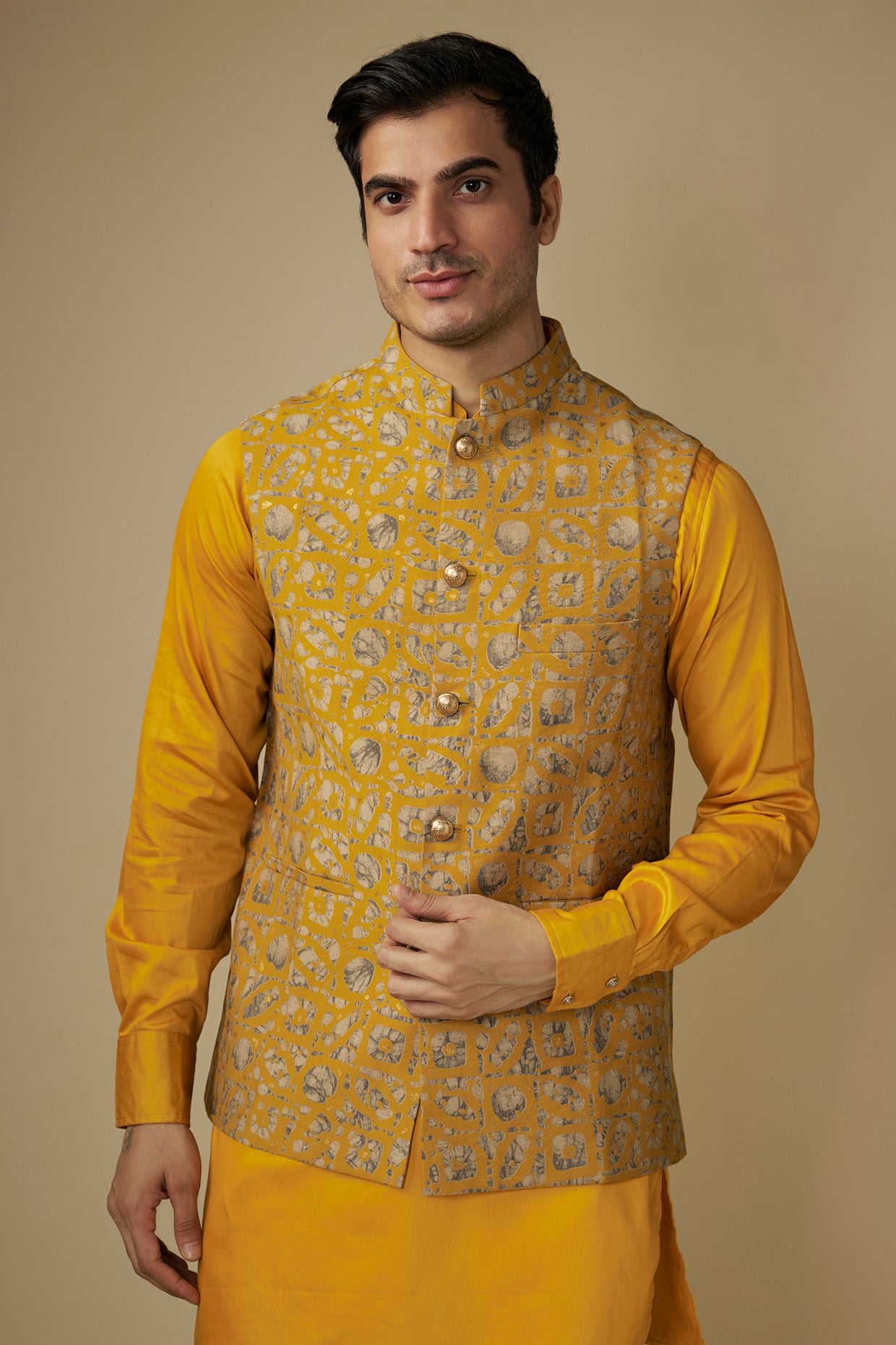 Mustard Printed Jacket Kurta Set image 2