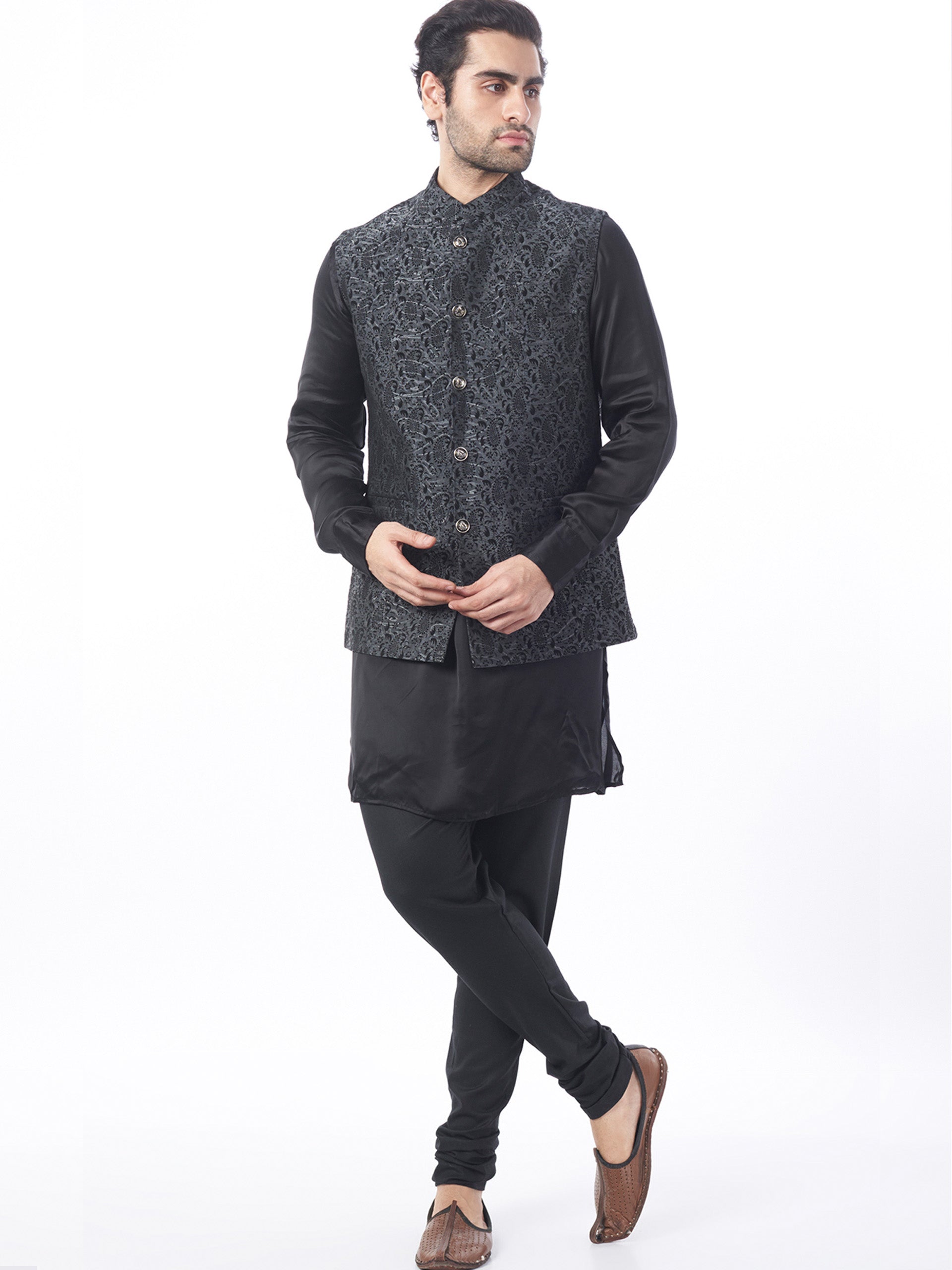 Black Brocade Bundi Jacket Set image 0