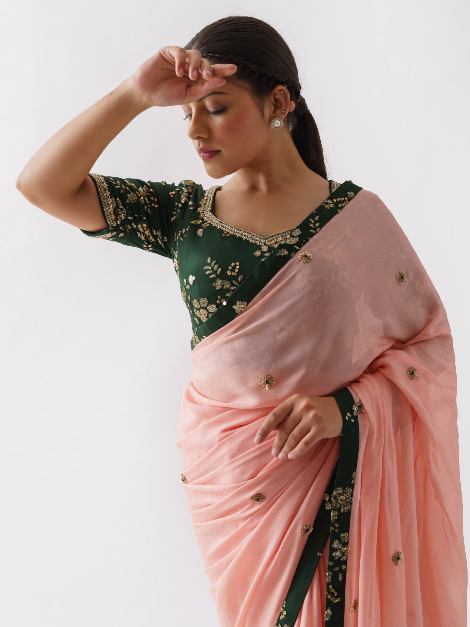 Peach Green Saree image 1