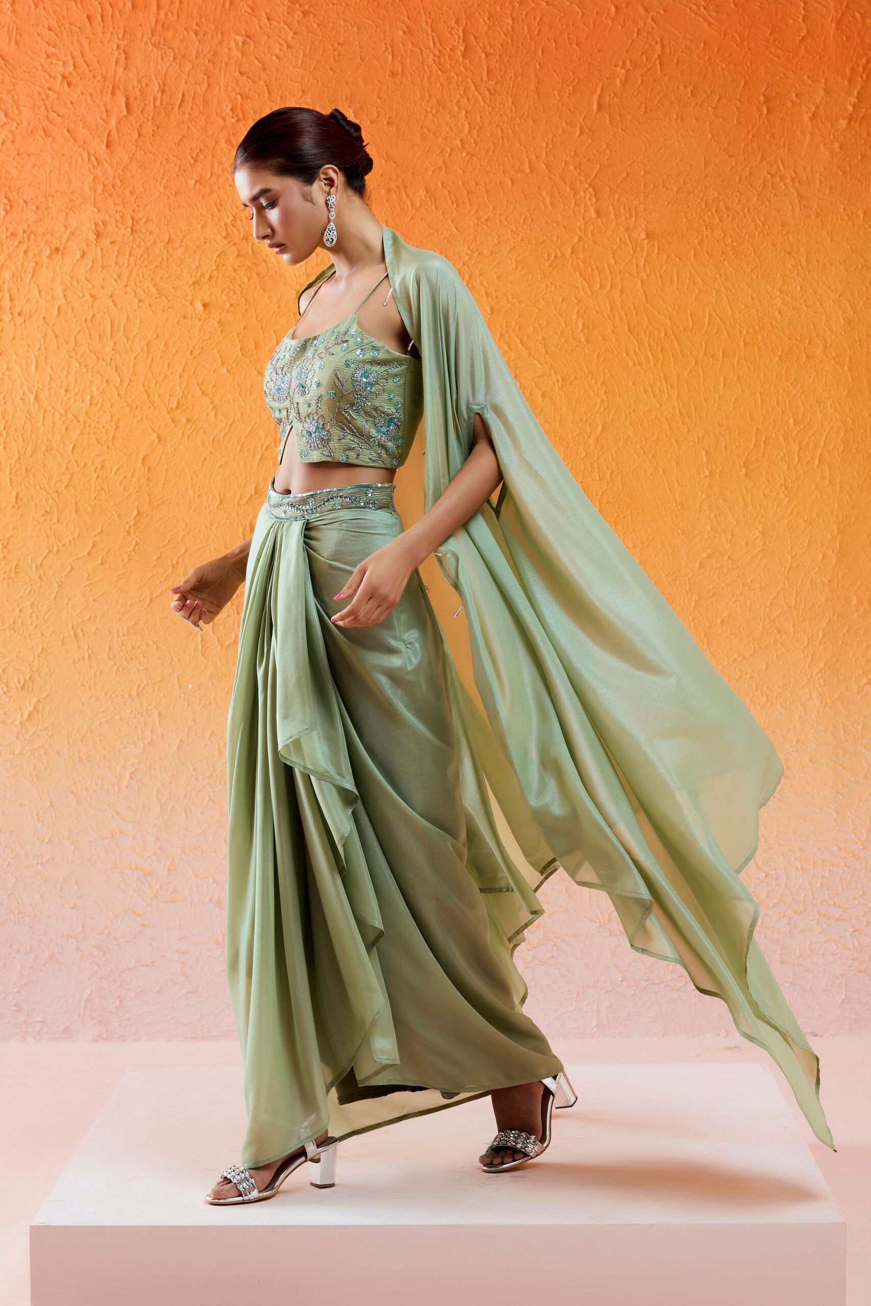 Pista Green Embroidered Drape Skirt Set with Cape image 3