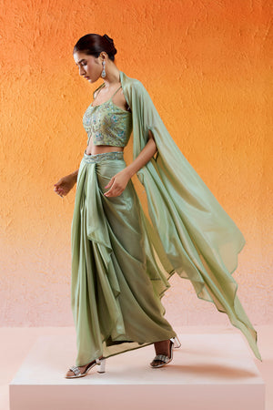 Pista Green Embroidered Drape Skirt Set with Cape image 3